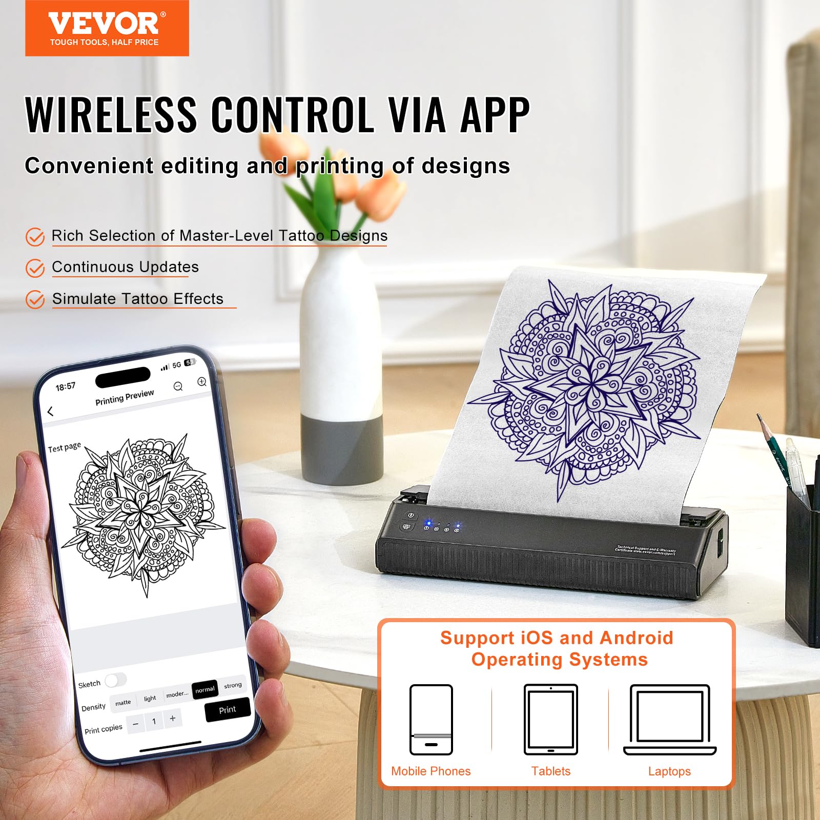 VEVOR Wireless Bluetooth Tattoo Stencil Printer Machine with 10 Transfer Papers - Compatible with iOS, Android, iPad & PC - Portable Tattoo Transfer Kit with Storage Bag - Perfect for Tattoo Artists, Studios & DIY Tattoo Enthusiasts