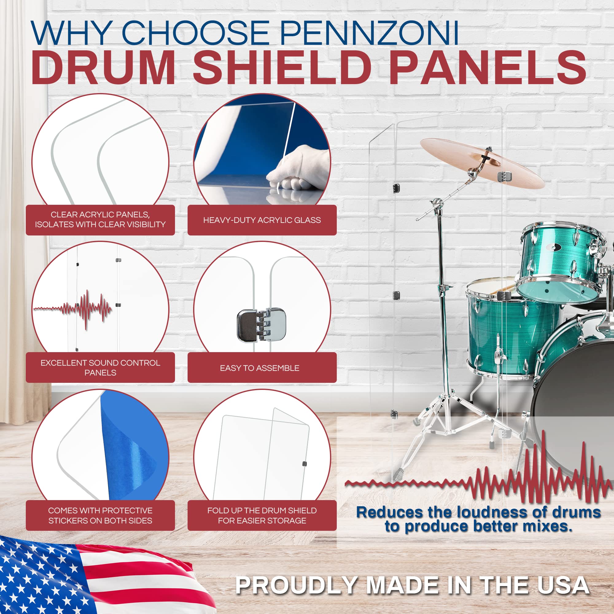 6ft Premium Clear Acrylic Drum Shield with Chrome Hinges - Includes 5 Drum Panels & Soundproof Screen - Perfect for Live Performances, Studio Recording, and Drum Practice
