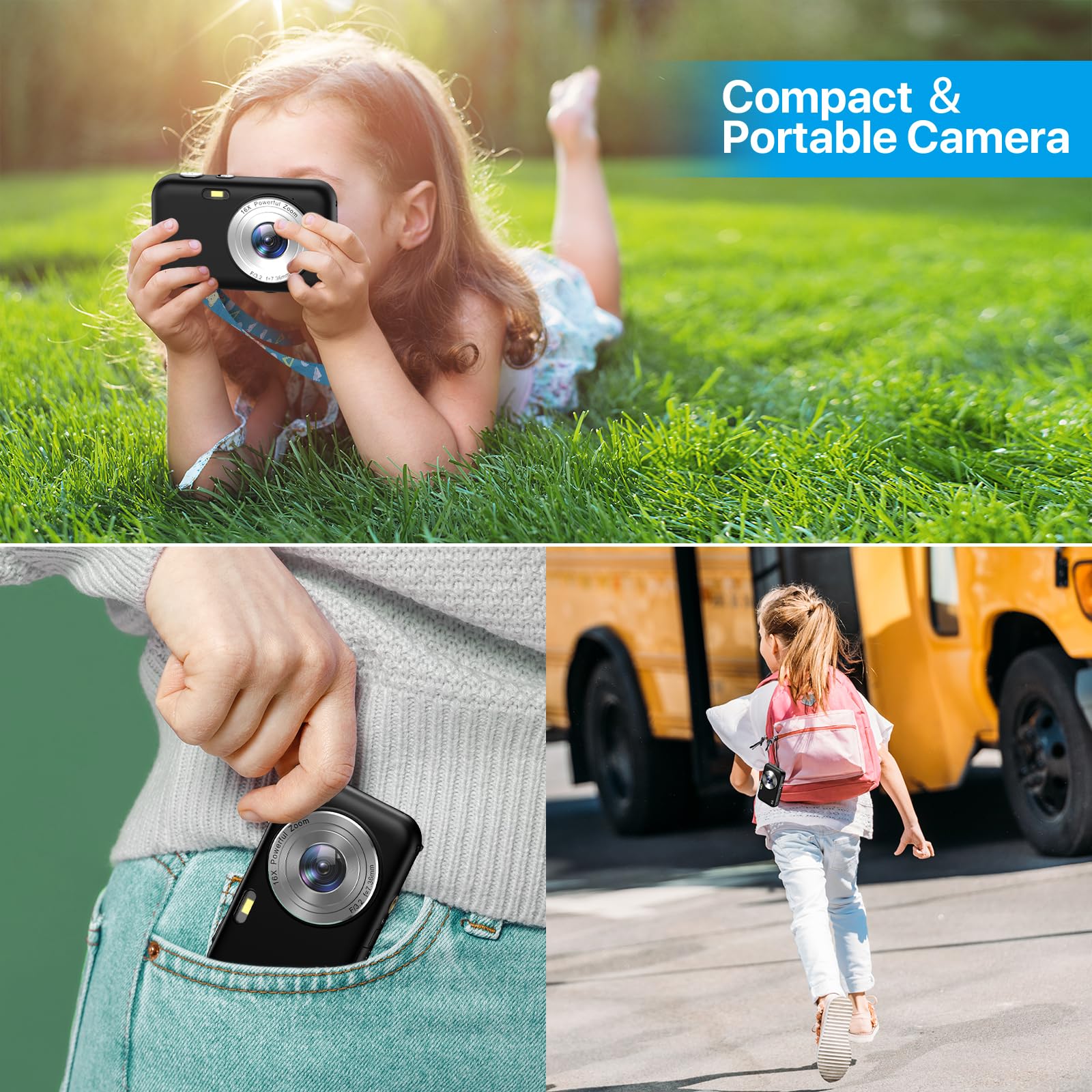 **44MP 1080P HD Kids Digital Camera with LCD Screen & 16X Digital Zoom - Rechargeable Compact Camera for Boys, Girls & Students - Perfect for Travel, Birthday Gifts & School Projects (Black)**