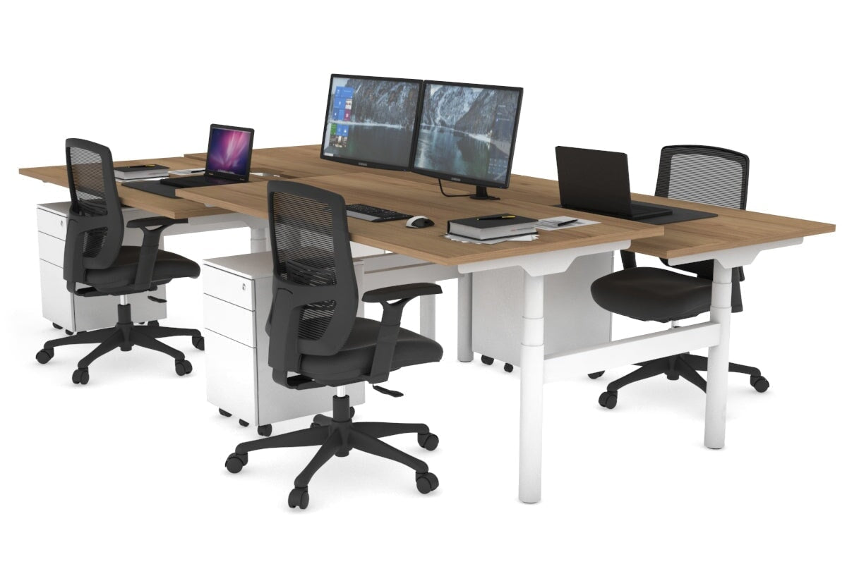 Flexi Premium Height Adjustable 4-Person H Bench Workstation - White Frame [1400L x 800W with Cable Management] - Ideal for Office, Coworking Spaces & Home Offices