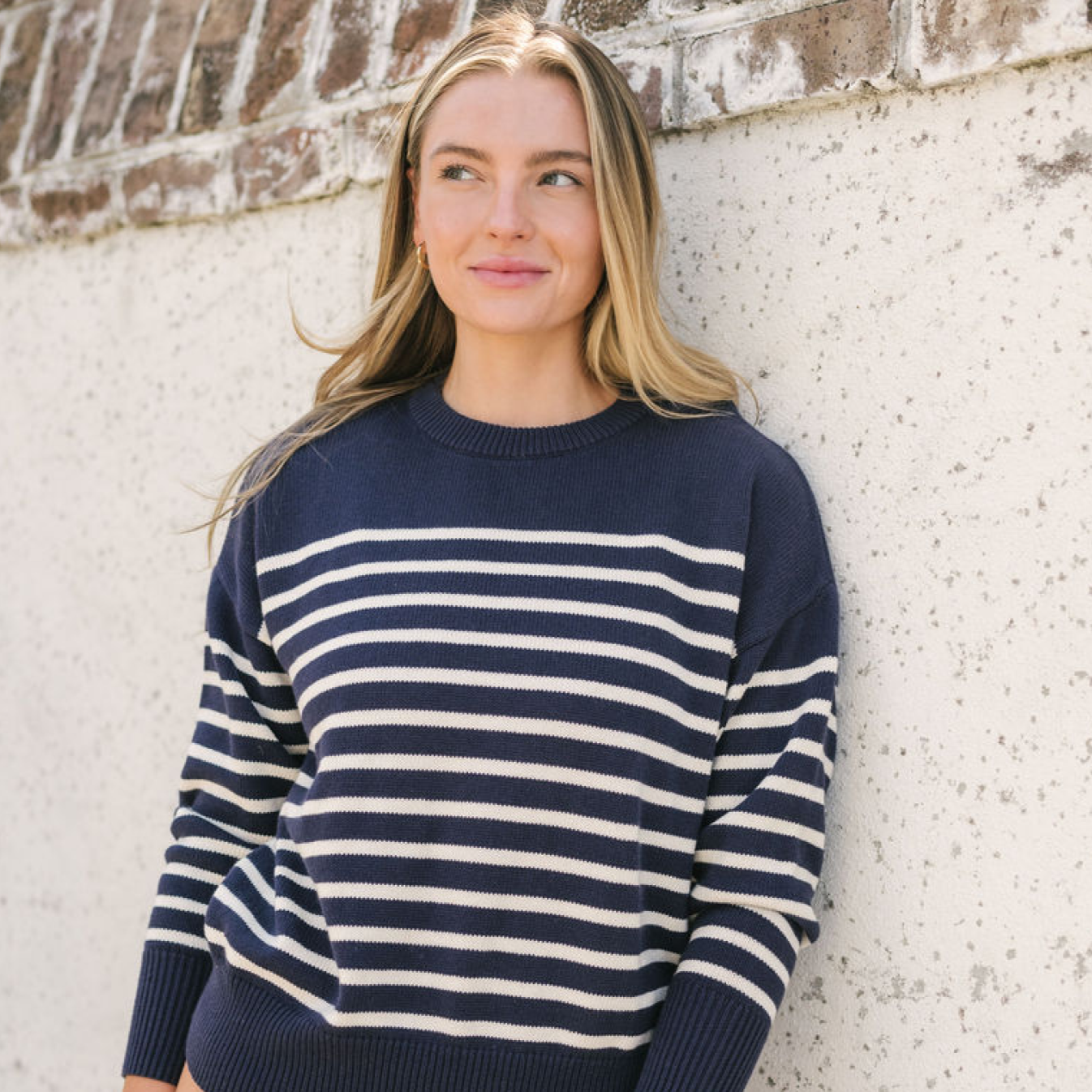 Women's Navy and Cream Striped Knit Sweater - Cozy Casual Pullover for Fall & Winter | Perfect for Office, Outings & Layering