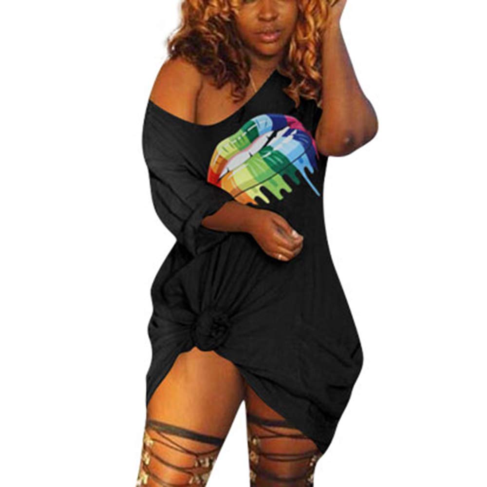 ECHOINE Women's Sexy Short Sleeve T-Shirt Dress - Casual Off Shoulder Lip Print Midi Dress for Club, Party & Summer Outfits | Trendy Streetwear & Vacation Style