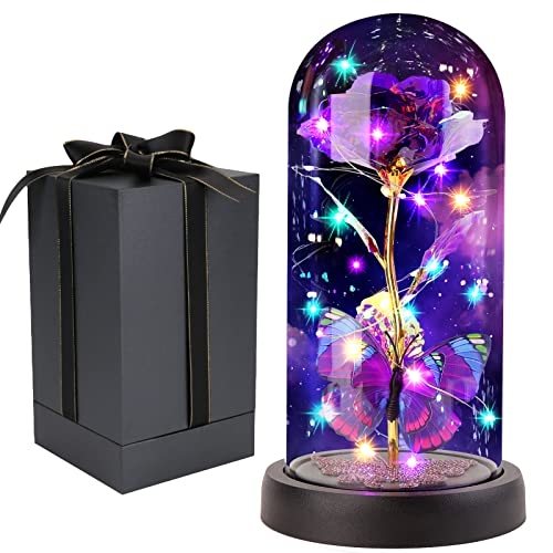 Galaxy Butterfly Rose in Glass Dome - LED Light Up Artificial Flower, Eternal Rose Gift for Women, Mom, Grandma - Valentine's Day, Birthday, Anniversary, Wedding Gift (Purple) - Perfect for Home Decor, Romantic Surprises & Special Occasions