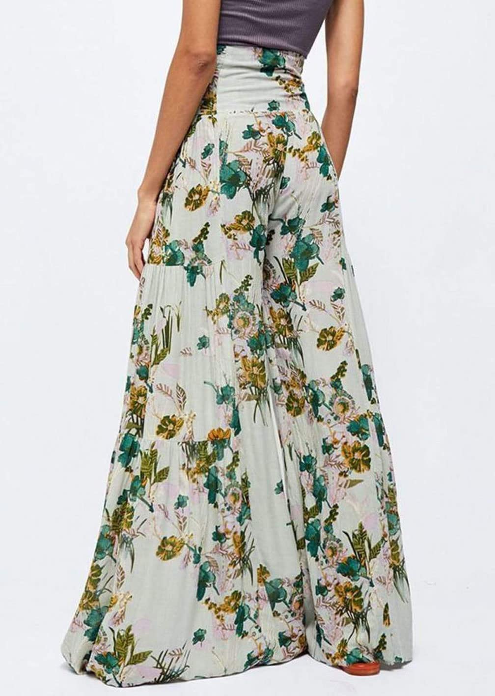 GGUHHU Women's High Waist Wide Leg Beach Pants - Floral Print Pleated Palazzo Trousers with Adjustable Belt | Summer Vacation, Boho Outfit, Casual Wear, Resort Style