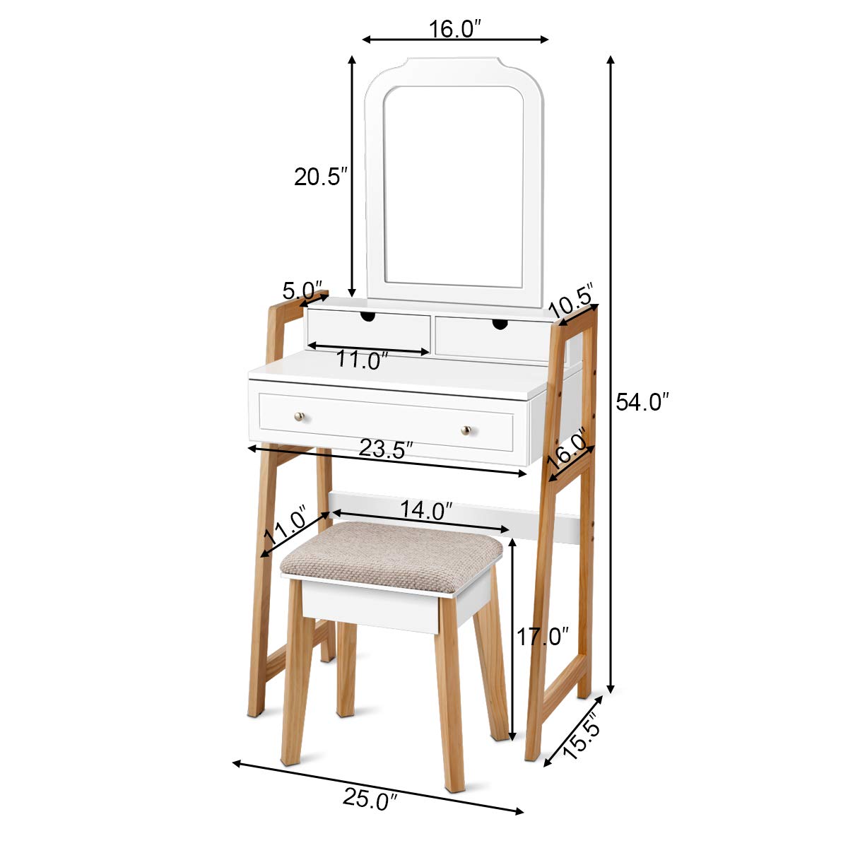 Charmaid 25-inch Vanity Set with 3 Drawers, Large Mirror & Cushioned Stool - Modern Makeup Dressing Table for Women & Girls, Space-Saving Design Perfect for Small Apartments, Bedrooms & Dorm Rooms