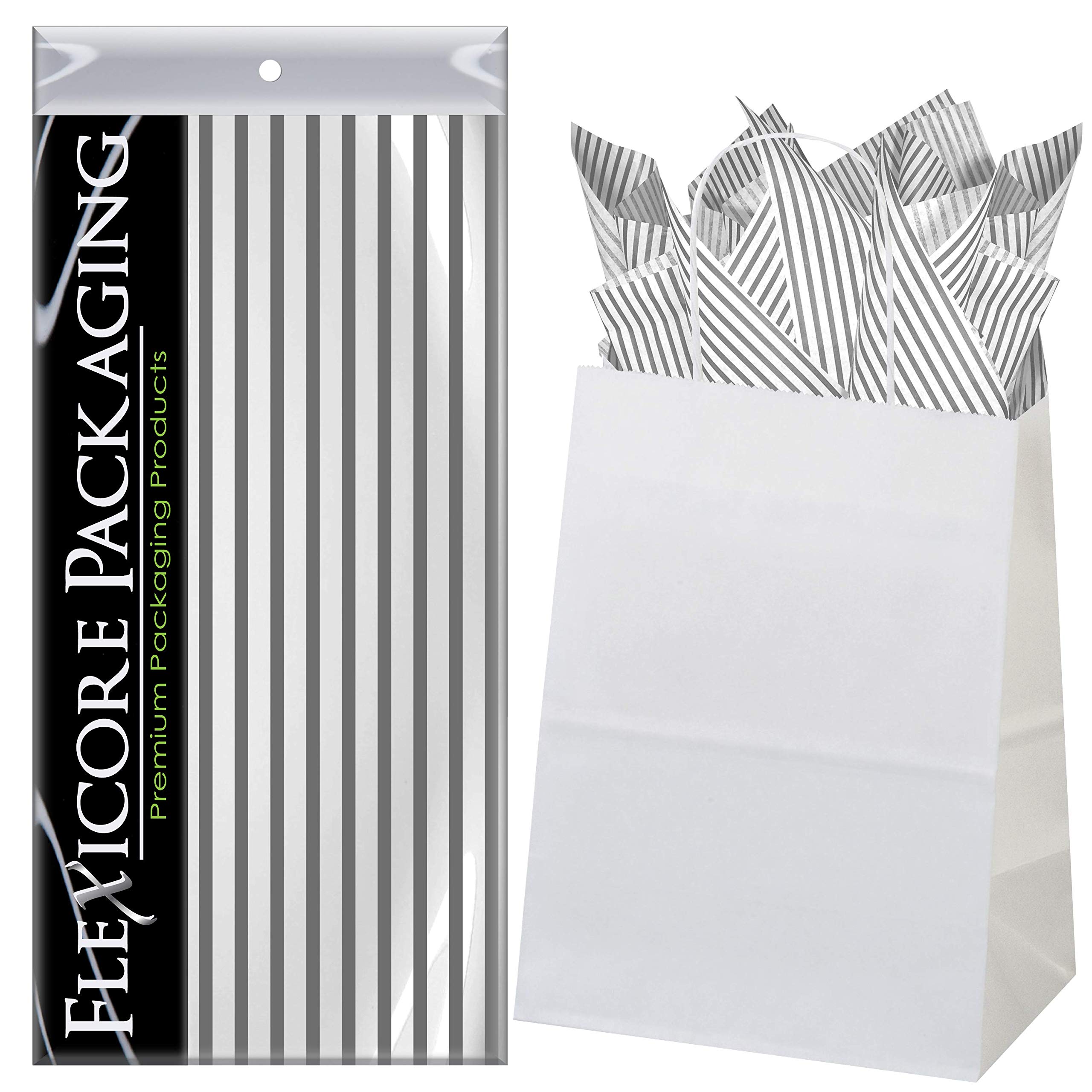 Premium White Kraft Paper Gift Bags with Gray Pinstripe - 8