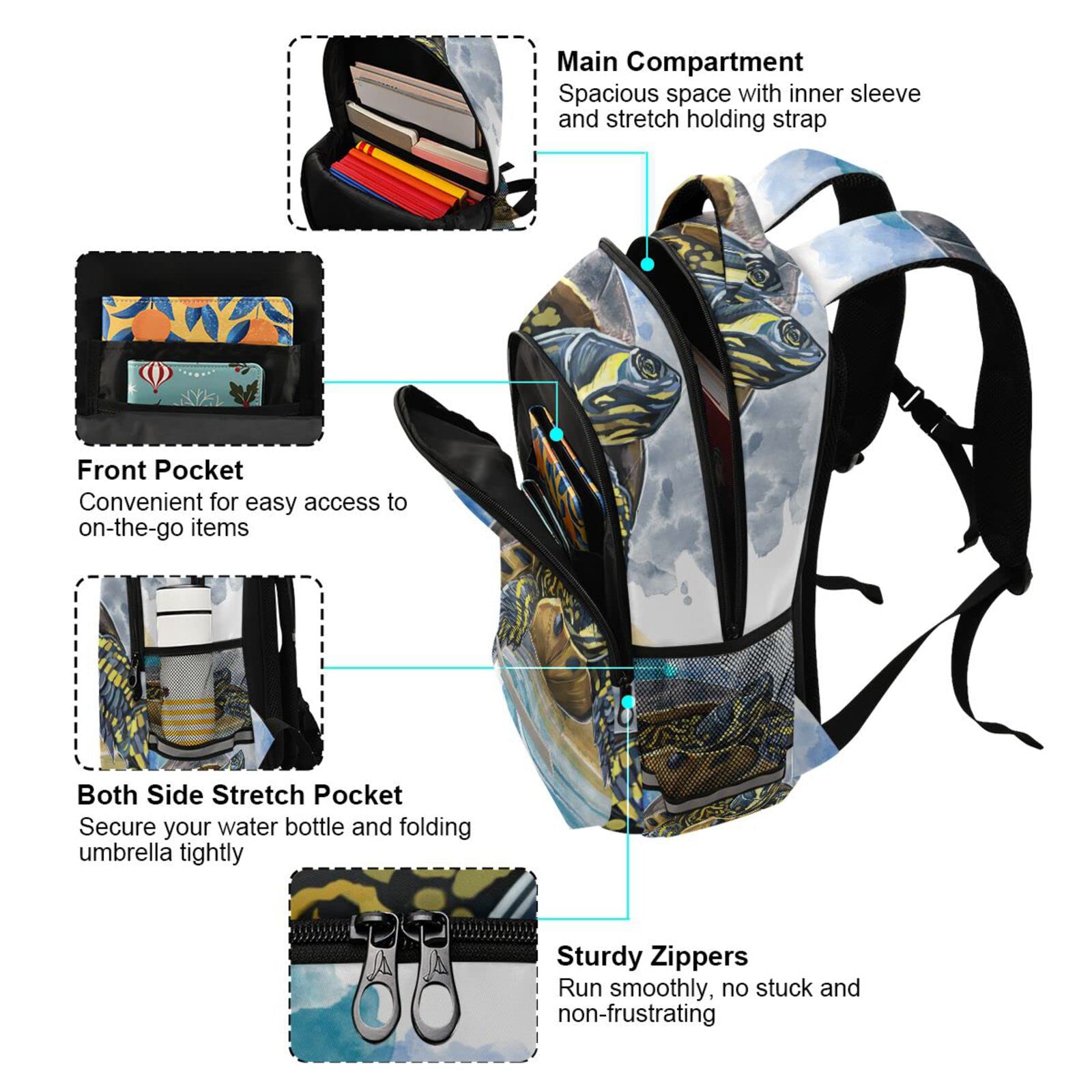 JIPONI Turtle Watercolor Backpack for Girls & Boys - Cute School Bookbag, Travel Laptop Backpack, Daypack with Adjustable Chest Strap - Perfect for School, College, Travel & Outdoor Adventures