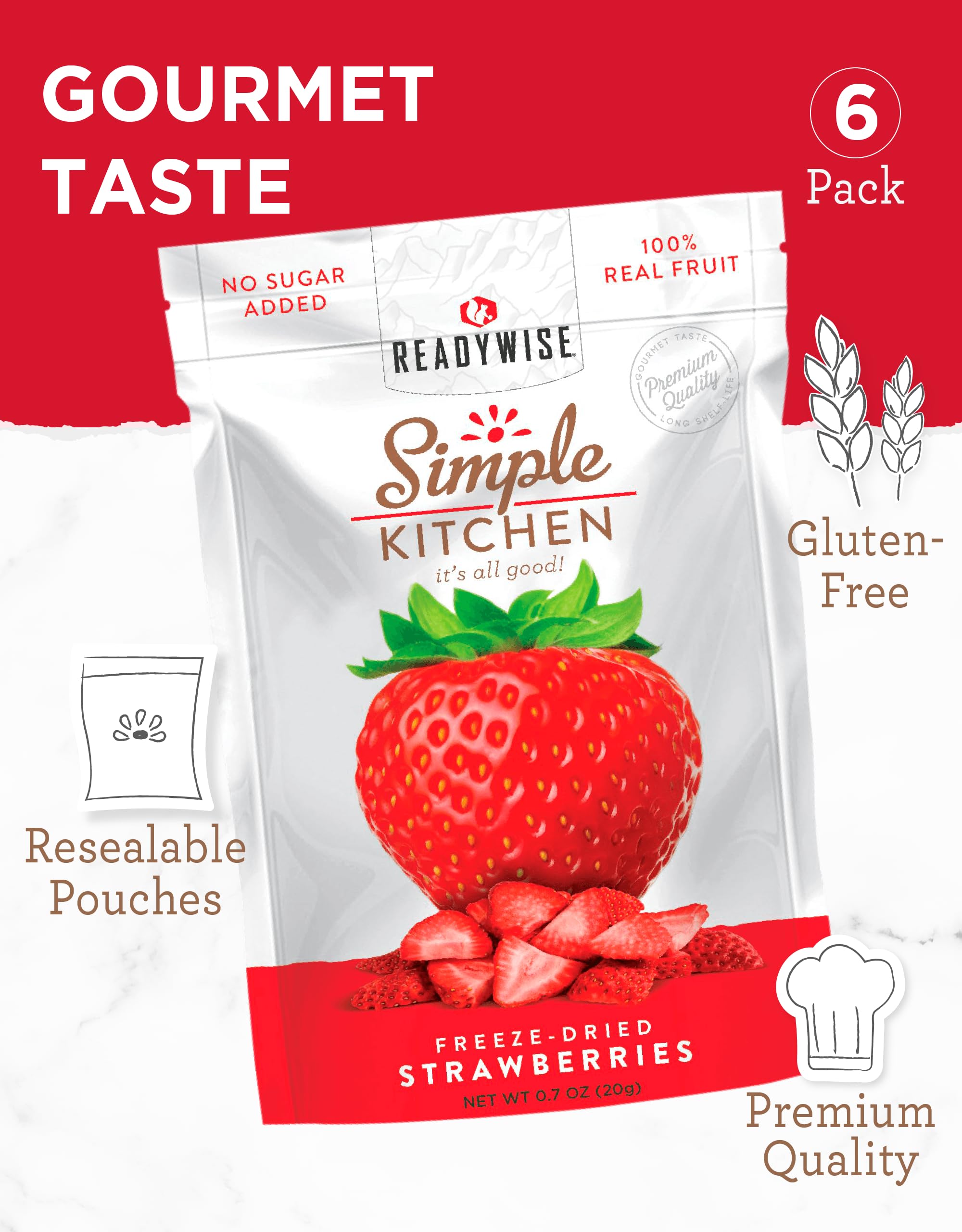 Freeze-Dried Strawberries 24 Servings (6 Pack) - Gluten Free, Vegetarian Healthy Snacks for Pre-Workout, Camping, Backpacking & Survival Food | ReadyWise Simple Kitchen Dried Fruit