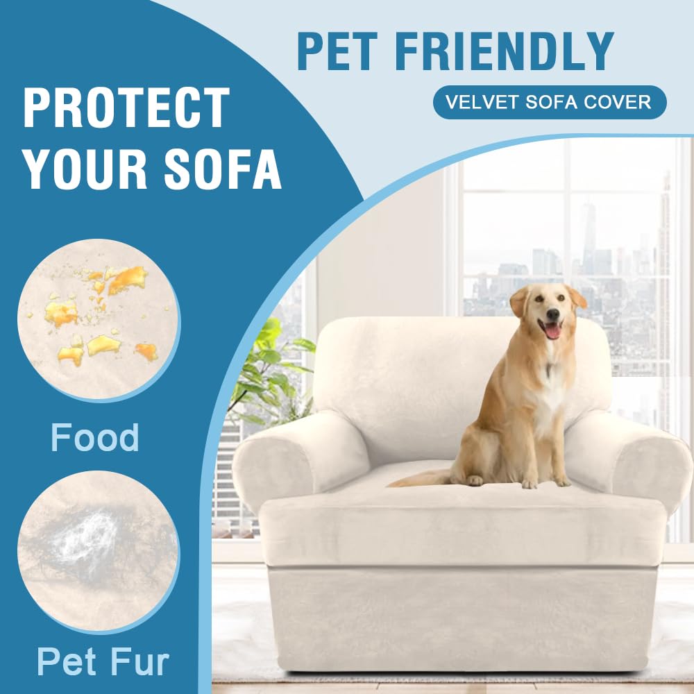 H.VERSAILTEX 2-Piece Sofa Cover Set - Thick Velvet Stretch Slipcovers for Armchairs & T-Cushion Couches | Furniture Protector (Ivory) | Perfect for Living Room, Home Decor & Pet Protection