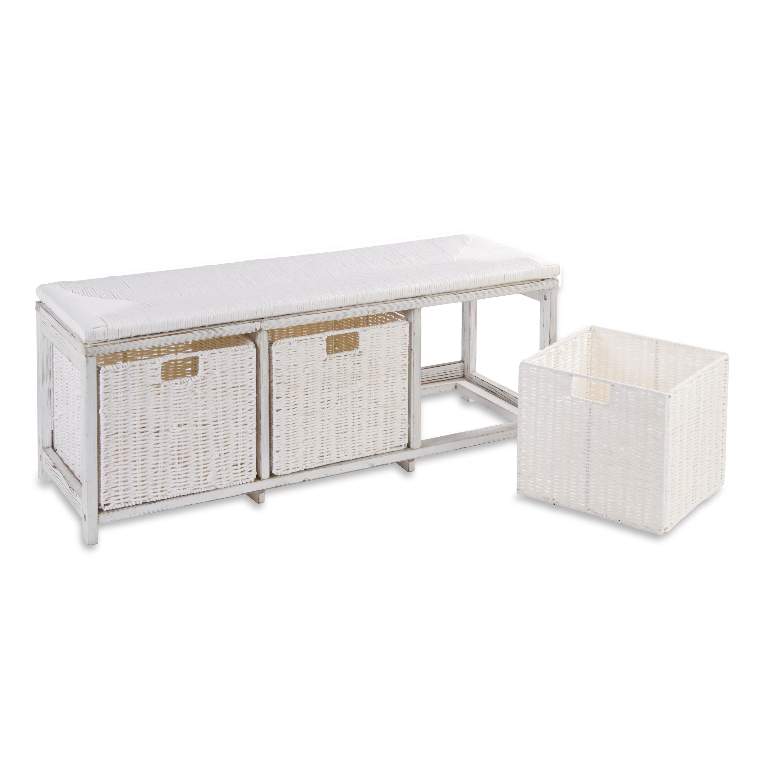 Badger Basket White Toy Storage Bench for Kids with Woven Top & 3 Collapsible Baskets - Perfect for Nursery, Playroom & Bedroom Organization