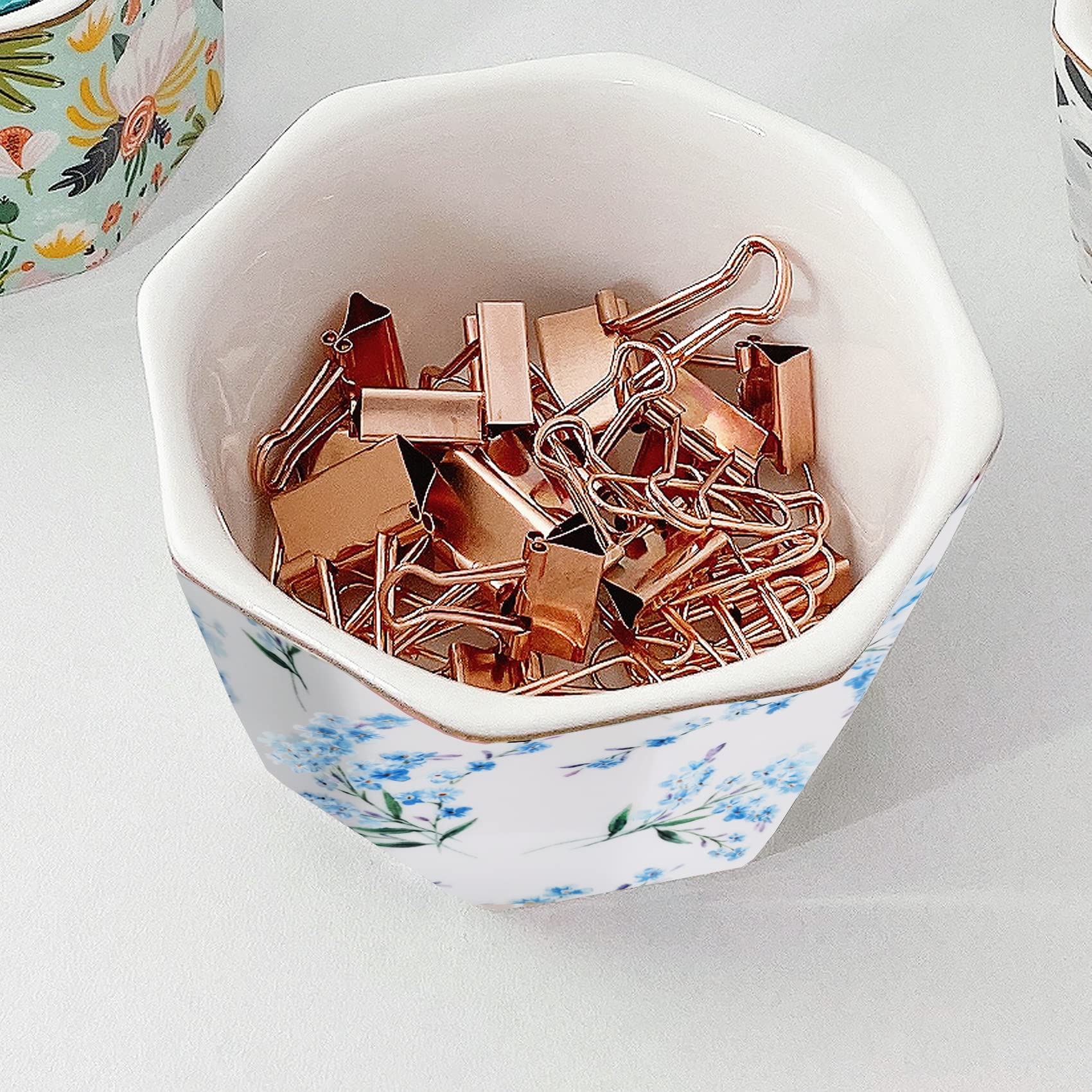 Elegant Ceramic Paper Clip Holder with Gold Line Geometric Floral Design - Desk Organizer for Office Supplies, Binder Clips & Stationery - Perfect Gift for Coworkers & Home Office (Blue Flowers) | Ideal for Workspace Organization, School Supplies & Creative Gift Giving