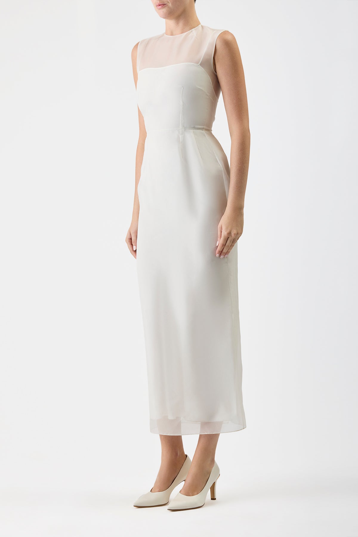 Maslow Sheer Maxi Dress with Slip in Ivory Silk Organza - Elegant Wedding Guest Dress & Summer Beach Cover Up