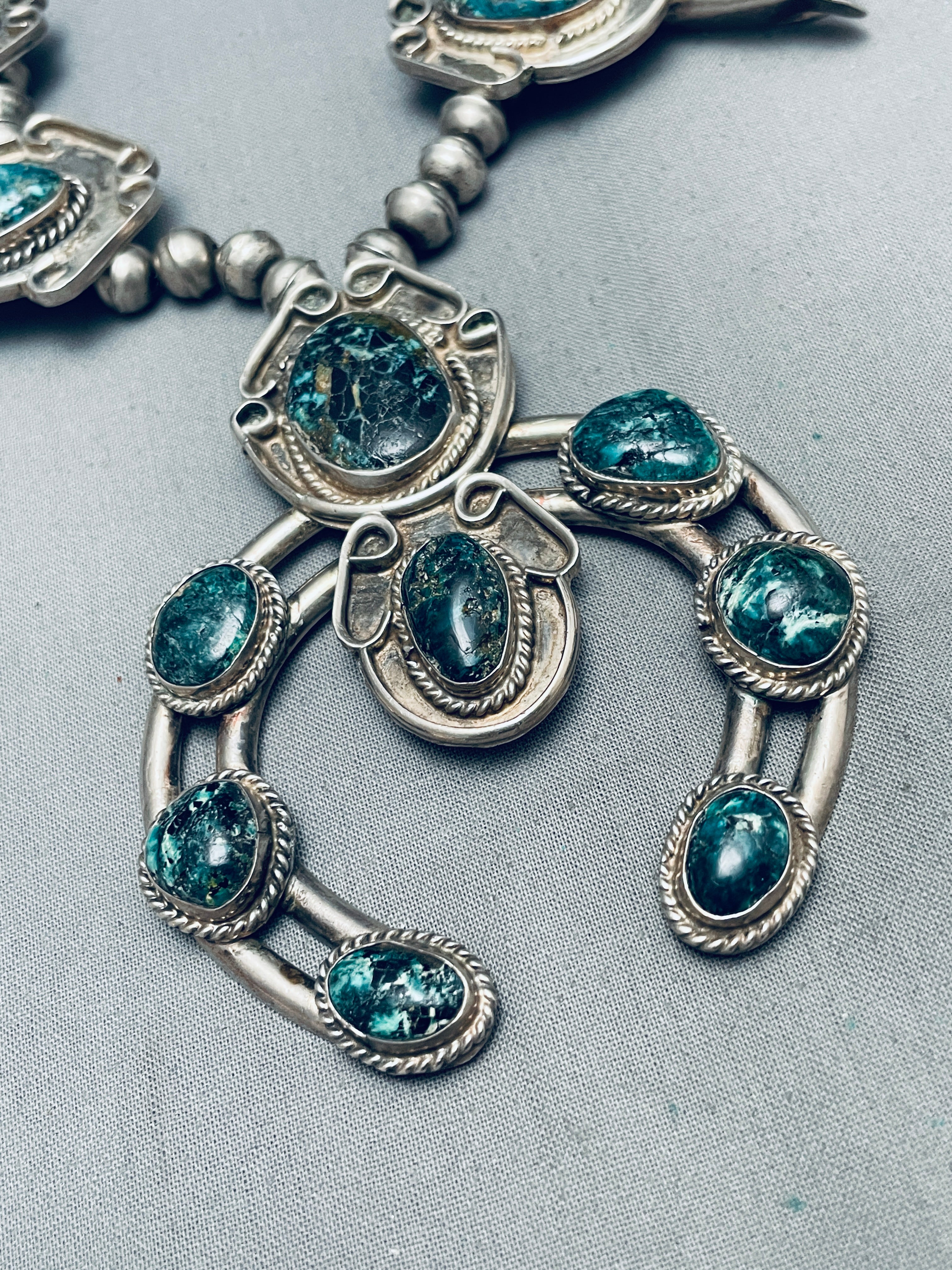200g Vintage Navajo Turquoise Sterling Silver Squash Blossom Necklace - Authentic Native American Jewelry for Women, Perfect for Boho Fashion & Special Occasions