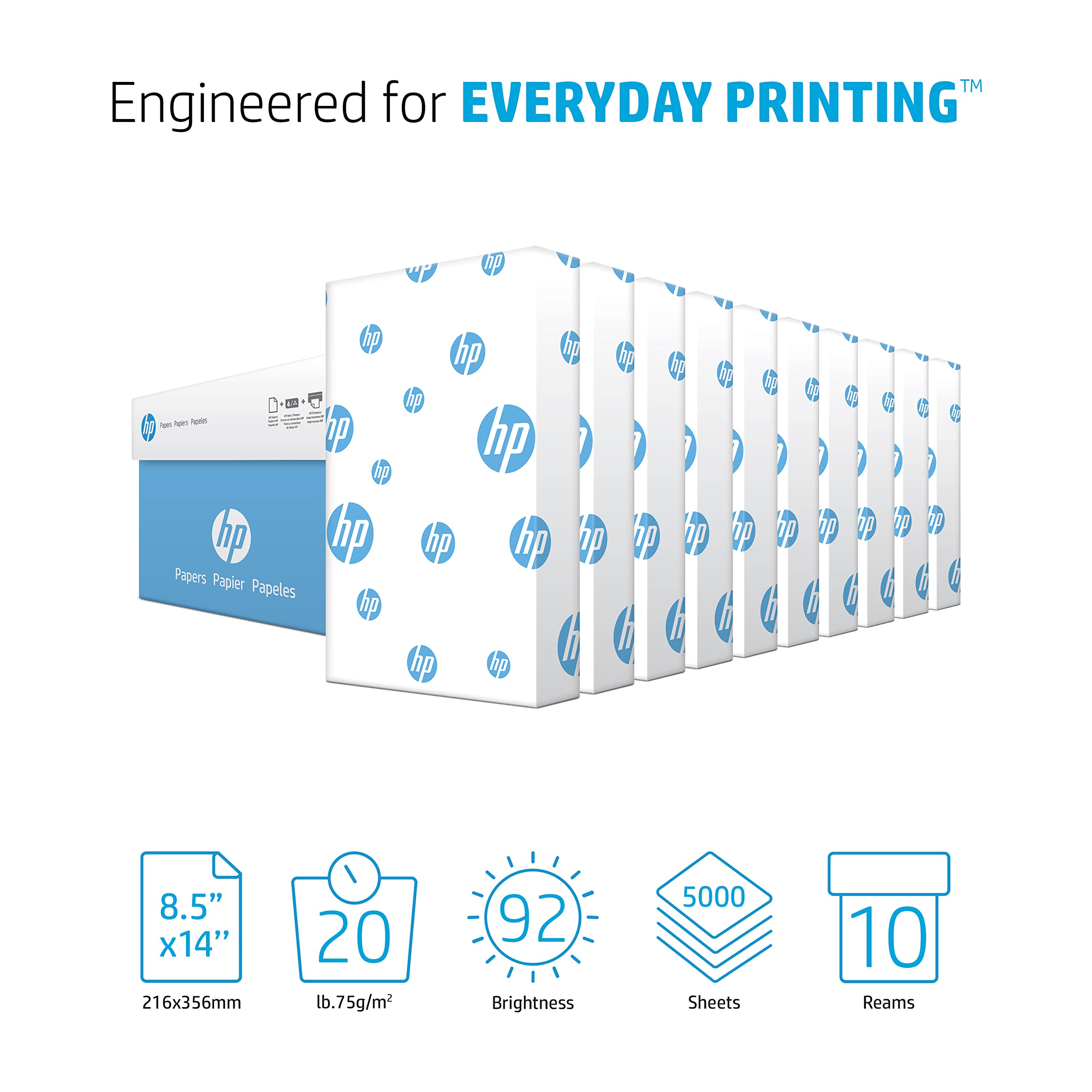 HP Printer Paper 8.5 x 14 Legal Size | 20 lb Premium Office Paper | 5000 Sheets (10 Ream Case) | 92 Bright White | FSC Certified | Made in USA | Ideal for Printing, Copying & Office Documents