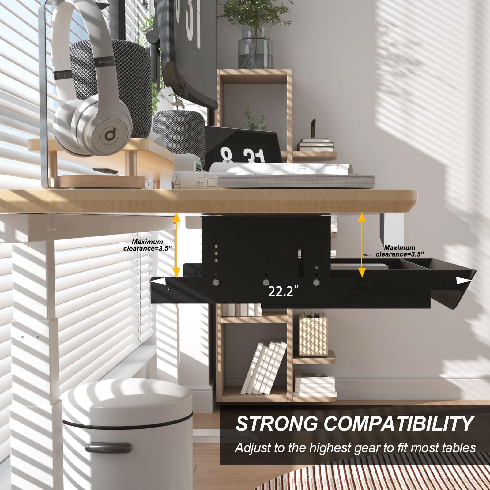 Under Desk Sliding Pull-Out Drawer - Height Adjustable Storage Organizer for Standing Desk (Fits Tables with Front Crossbar, 3.5