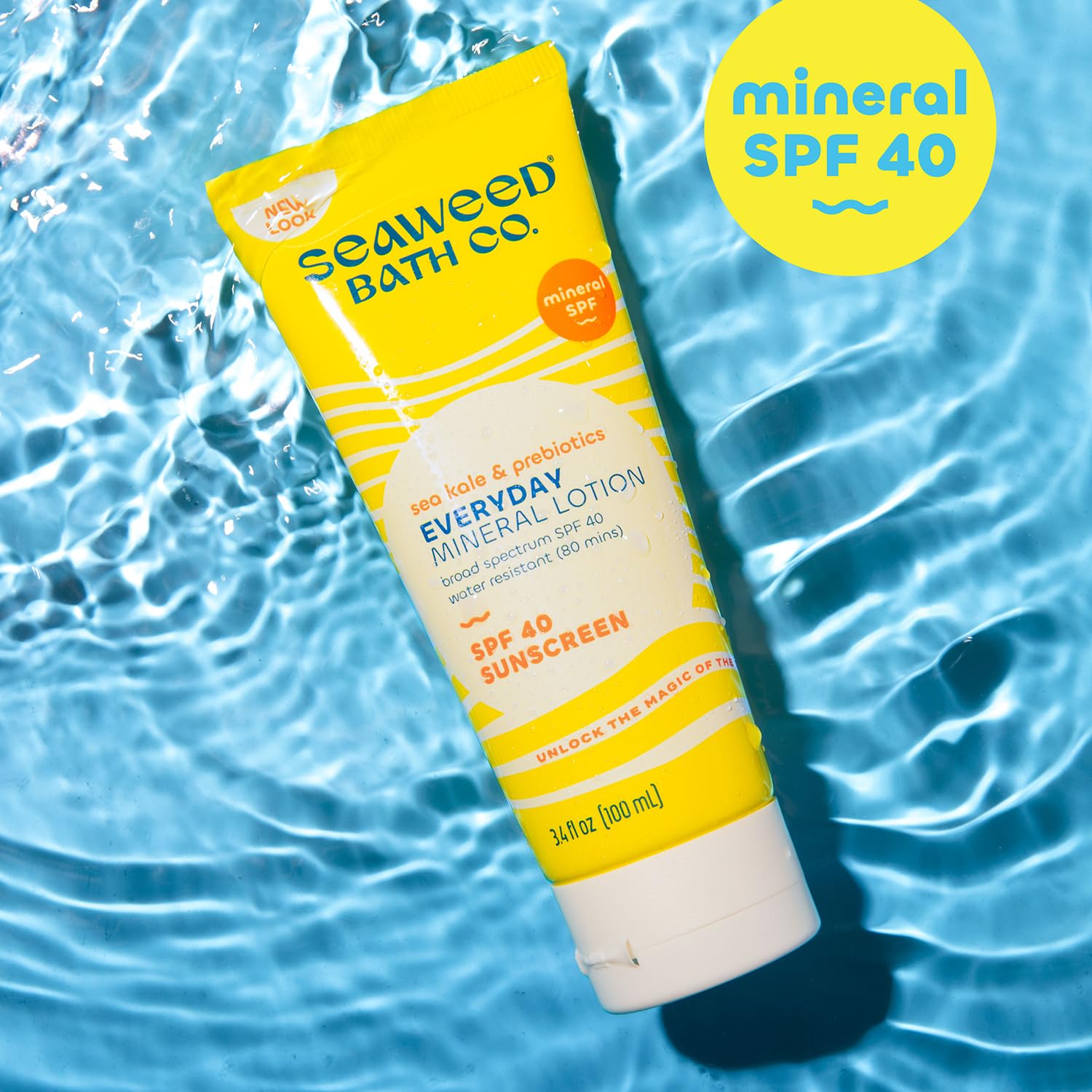 Seaweed Bath Co. Mineral SPF 40 Sunscreen Lotion - Broad Spectrum UVA/UVB Protection, 3.4 oz, Natural & Reef-Safe with Sustainably Harvested Seaweed & Sea Kale, Prebiotic Enriched - Perfect for Daily Face & Body Use at Beach, Pool, or Outdoor Activities