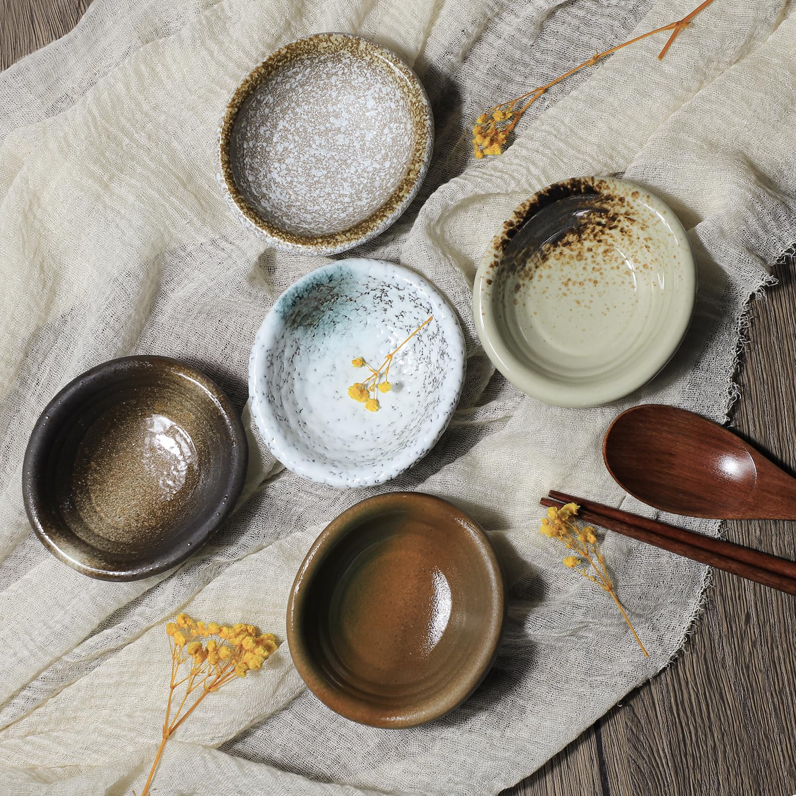 Set of 5 Japanese Vintage Style Ceramic Dipping Bowls - 3.5 Inch Small Side Dishes for Soy Sauce, Wasabi & Seasonings - Perfect for Sushi, Ramen & Asian Dining