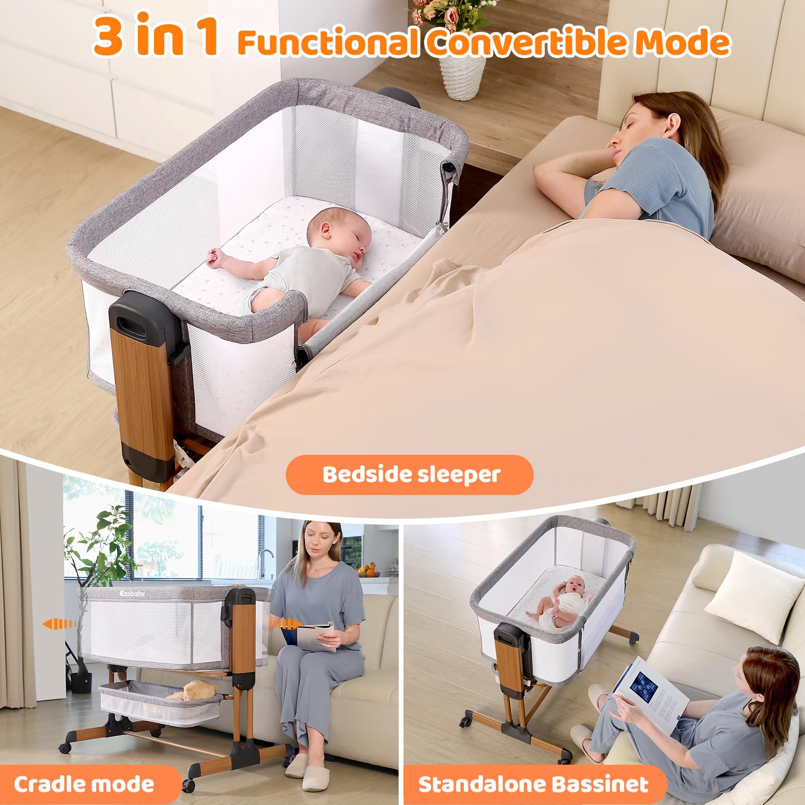 Ezebaby 3-in-1 Adjustable Baby Bassinet with Wheels, Storage Basket & Breathable Mesh Sides - Convertible Rocking Crib & Bedside Sleeper for Newborns & Infants - Perfect for Nursery, Bedroom & Travel Use