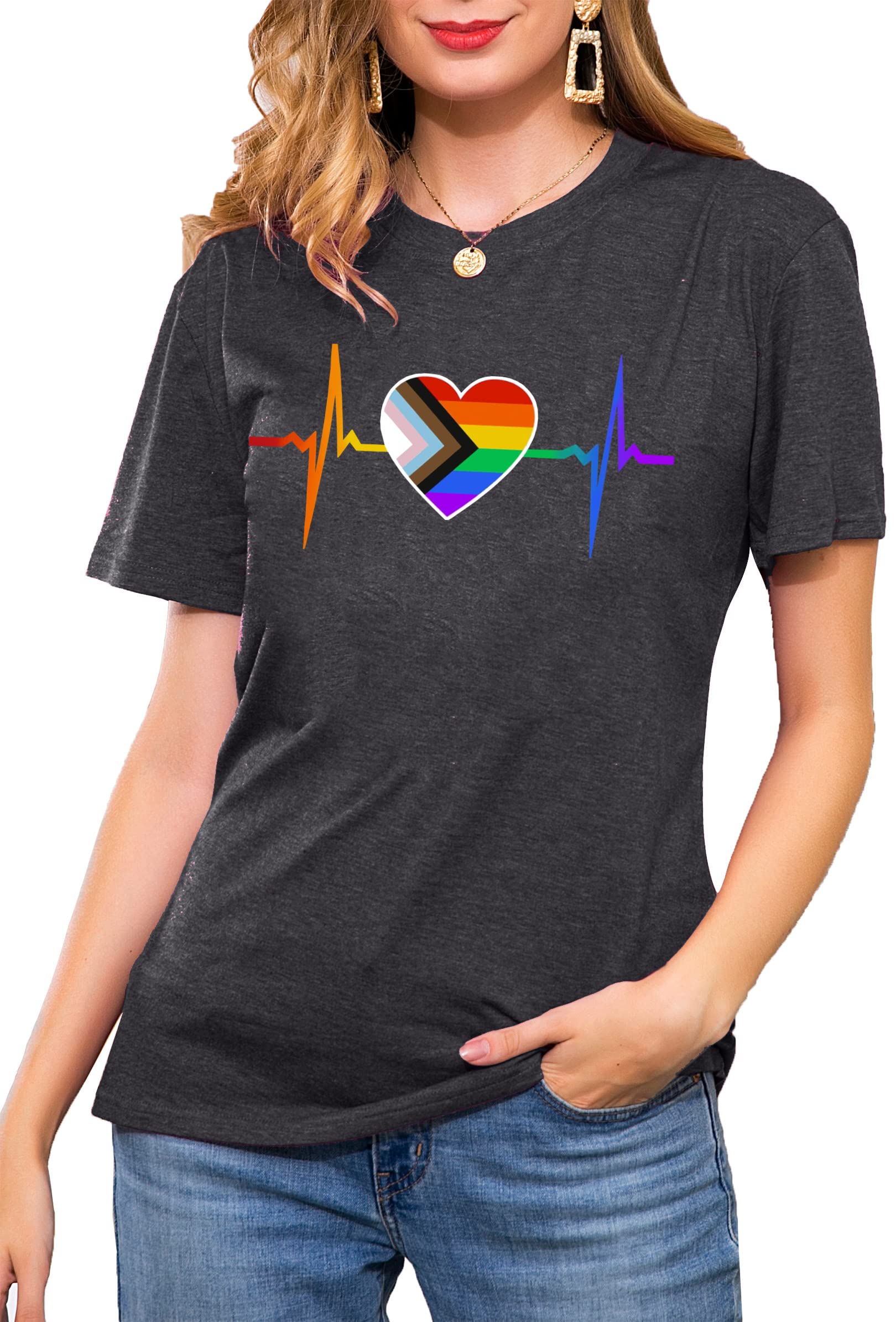 Pride T-Shirts for Women - Rainbow Heart Graphic Tee | LGBT Casual Short Sleeve Top for Everyday Wear & Pride Events