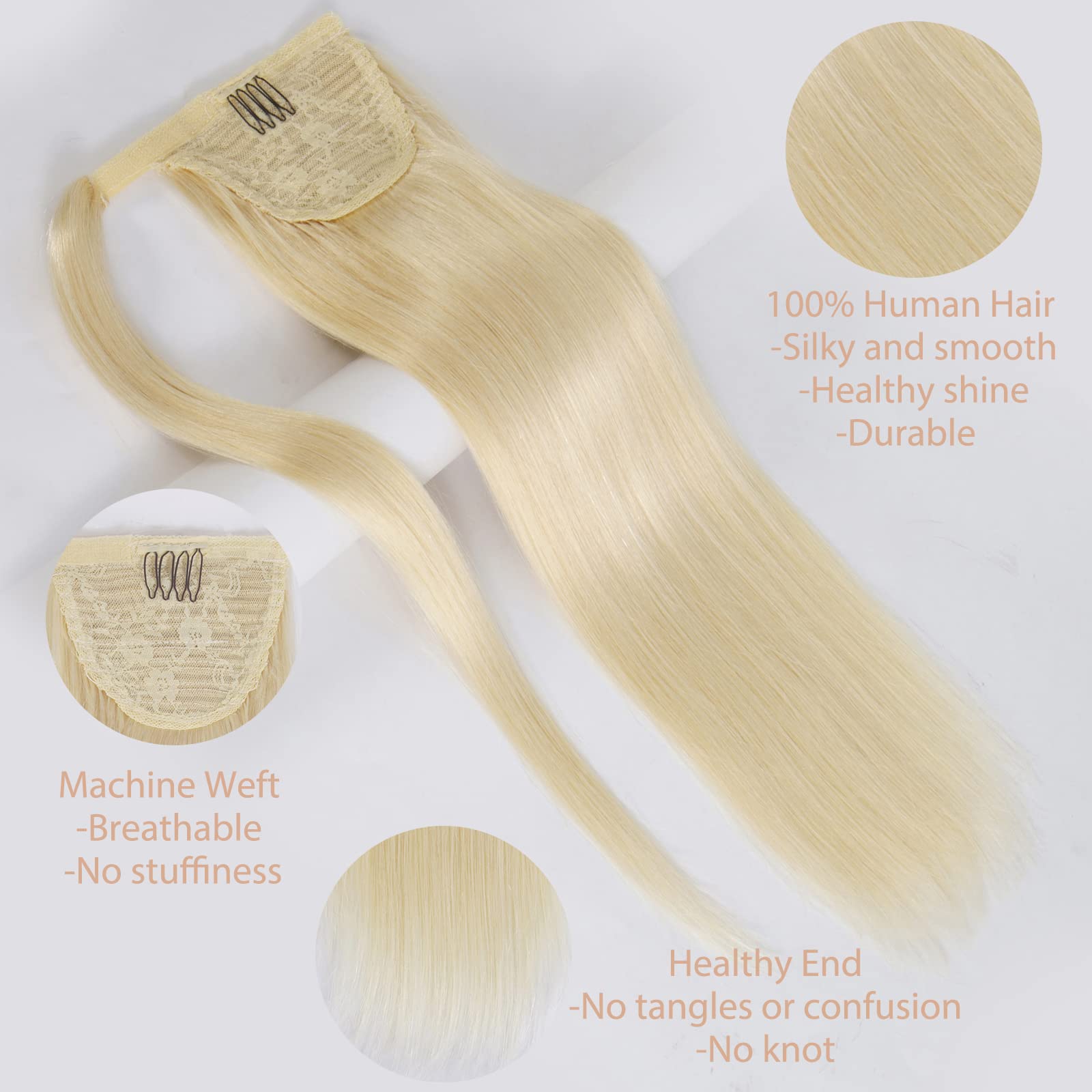 Tinashe Clip-In Ponytail Hair Extensions 18 Inch - 100% Remy Human Hair, #613 Blonde, Long Straight Wrap Around Ponytail for Women | Perfect for Parties, Weddings & Everyday Styling