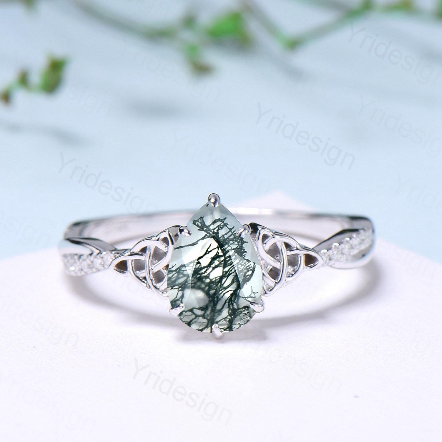 Viking Pear Shaped Moss Agate Engagement Ring for Women - Unique Celtic Infinity Moissanite Wedding Band with Split Shank - Perfect for Anniversary Gifts, Proposal, and Celtic-Themed Weddings