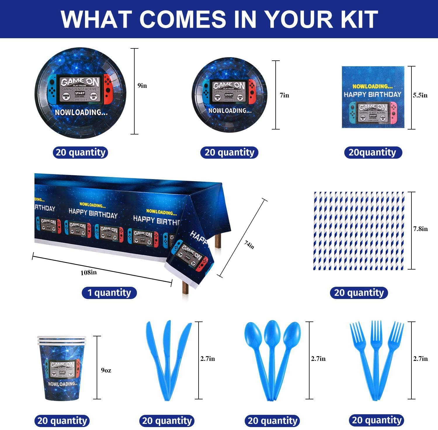 162CT Video Game Party Supplies Set - Includes Paper Plates, Cups, Straws, Napkins, Utensils, Table Cover & Banner | Perfect for Video Game Themed Birthday Parties & Events | Serves 20 Guests | Great for Gaming Parties, Streamer Events & Esports Celebrations