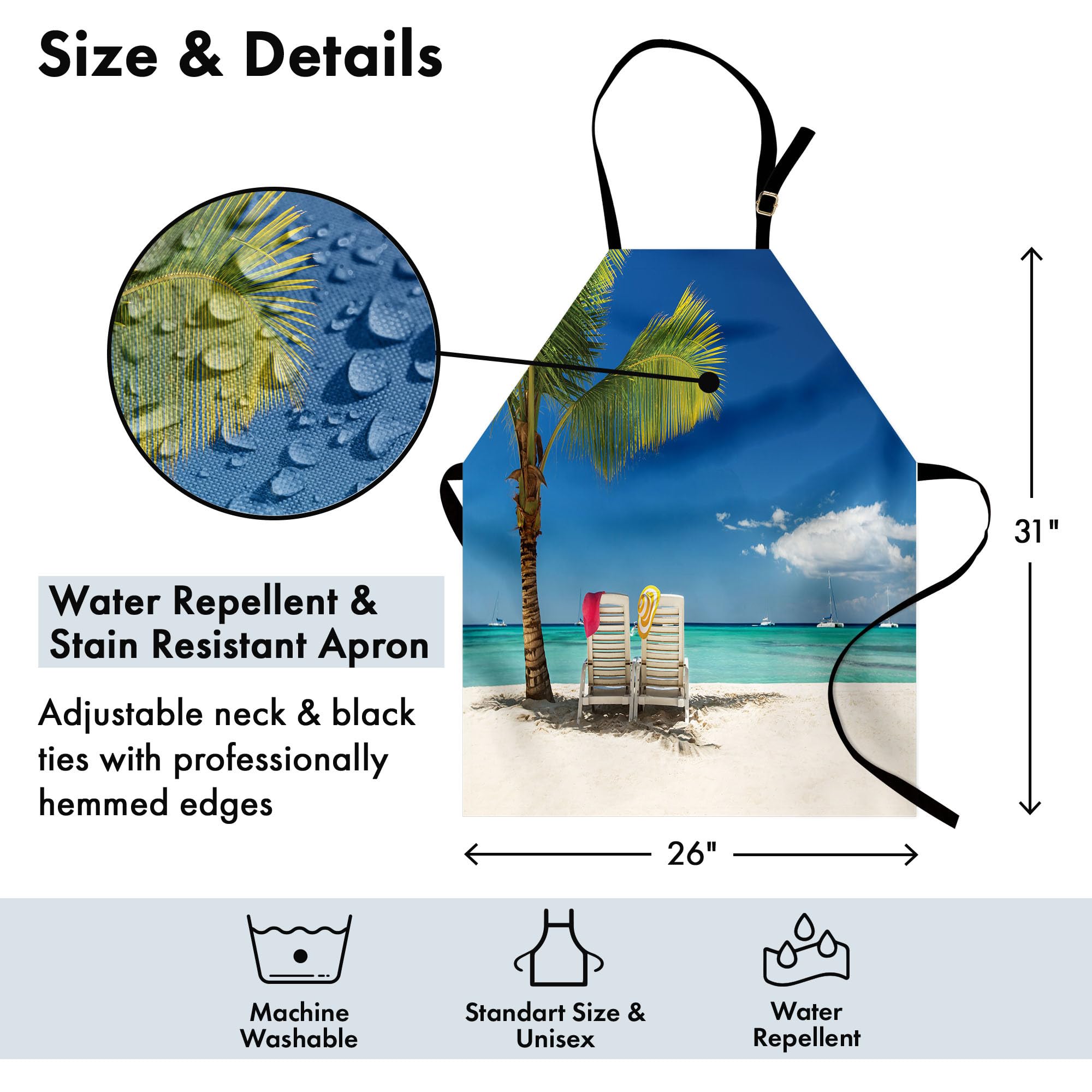 Ambesonne Seaside Apron - Unisex Adjustable Kitchen Bib with Vacation Beach Palm Tree & Boats Panoramic Print, Perfect for Cooking, Baking, Gardening & Outdoor BBQs - Adult Size in Blue Green