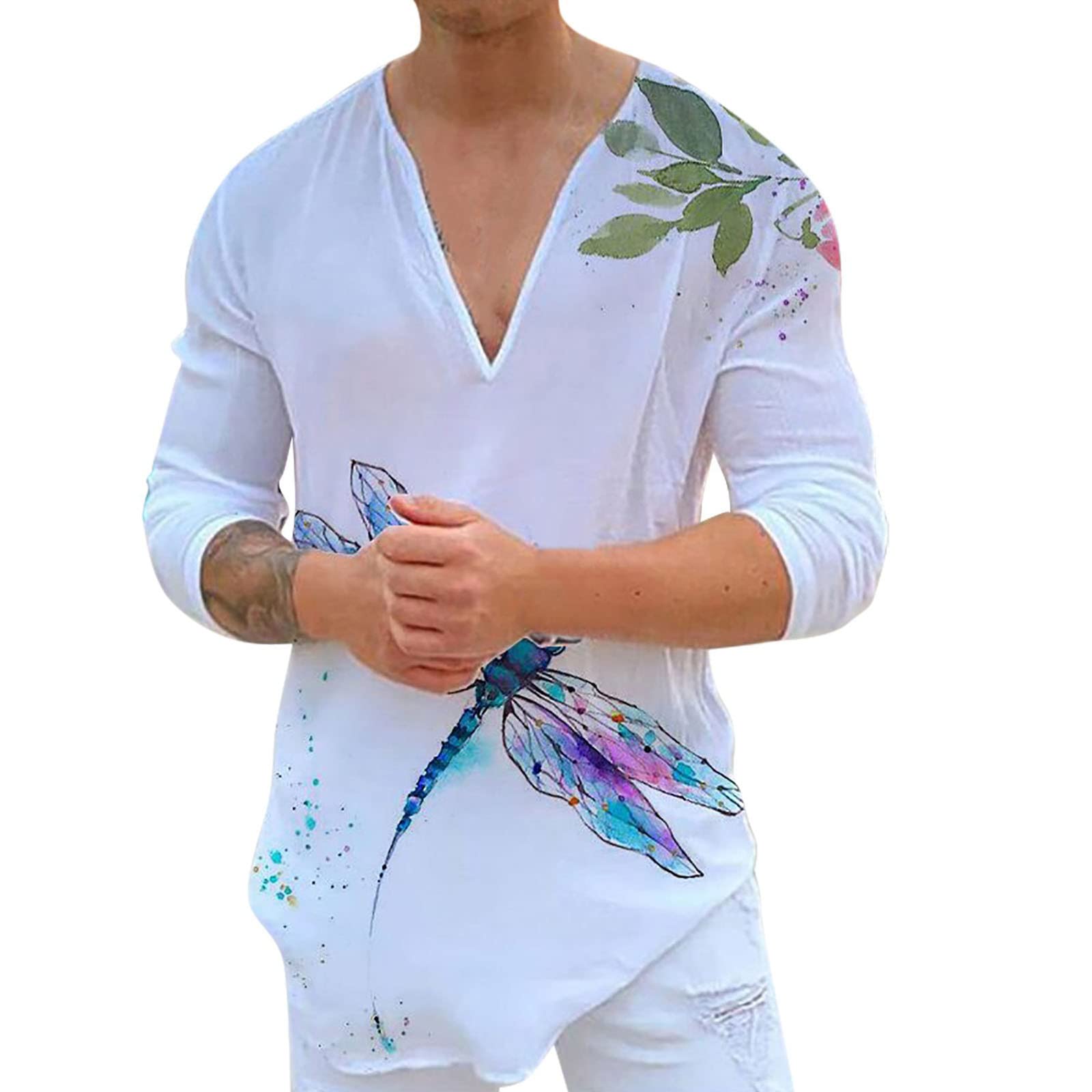 Men's Casual Loose Fit Cotton Blend Printed V-Neck Long Sleeve Graphic T-Shirt - Comfortable Streetwear for Everyday Wear & Urban Fashion