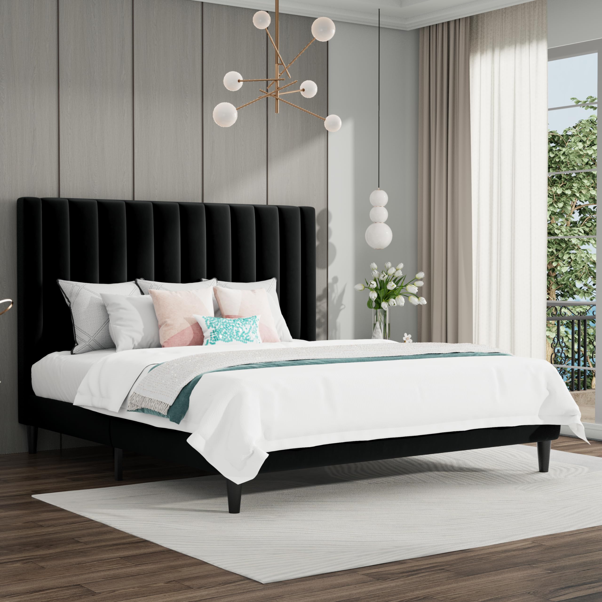 Luxury SHA CERLIN King Size Bed Frame - Velvet Upholstered Platform Bed with Headboard | Solid Wood Slat Support | No Box Spring Required | Perfect for Master Bedroom & Guest Room (Black)