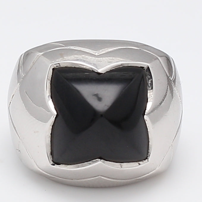 Bvlgari Vintage 15.60 Grams Onyx Pyramid 18K White Gold Cocktail Ring for Women | Luxury Statement Jewelry for Parties, Weddings & Special Occasions