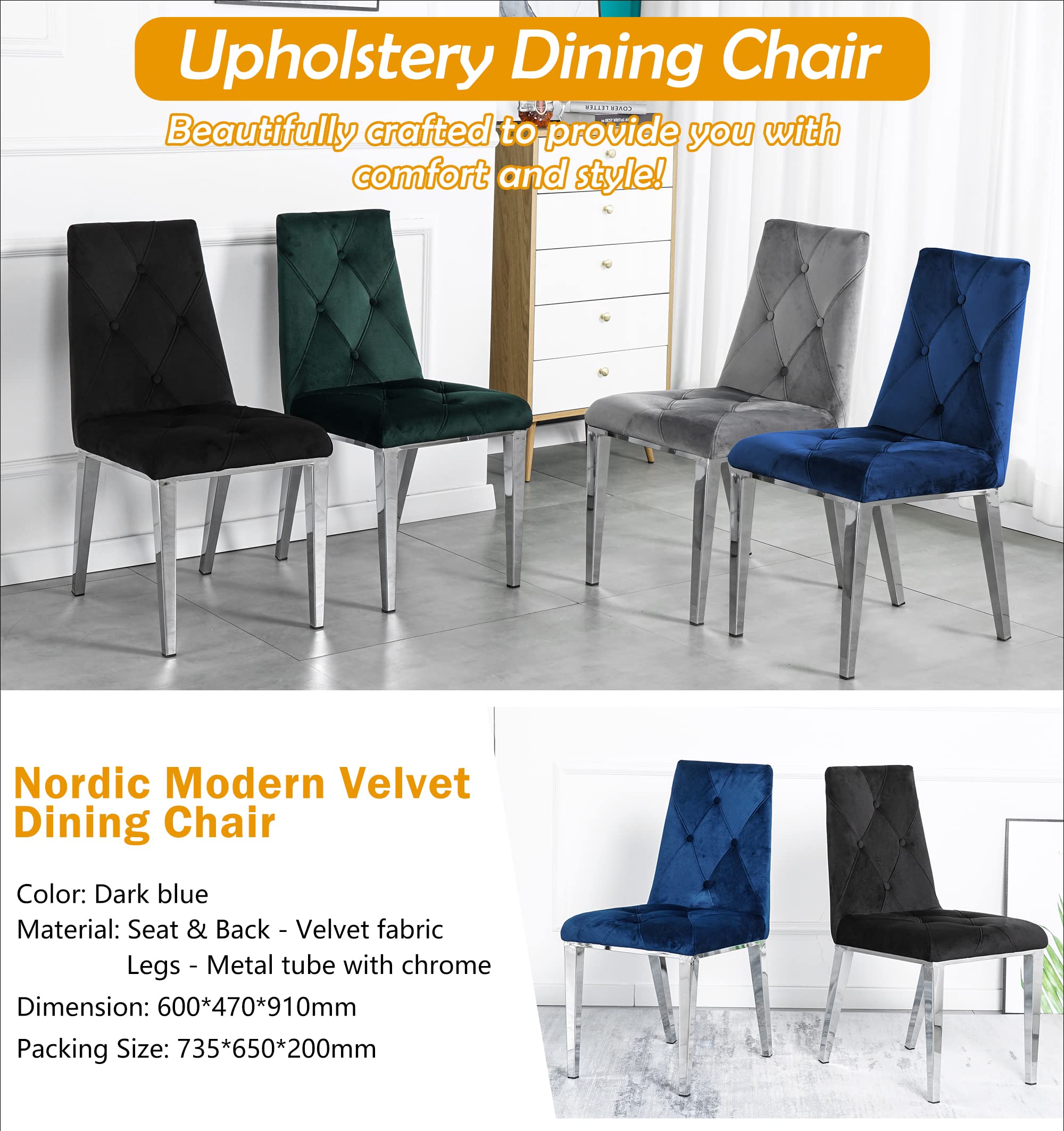 Modern Luxury Dining Chairs Set of 2 - Fabric Upholstered with Chrome Legs (Blue) - Perfect for Home, Restaurant & Office Dining Areas