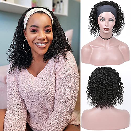 Headband Wig Human Hair Deep Wave Wigs for Black Women - 150% Density Curly Brazilian Virgin Hair - Glueless No Lace Front Wig 10 Inch - Machine Made Natural Color - Perfect for Daily Wear, Parties & Protective Styling