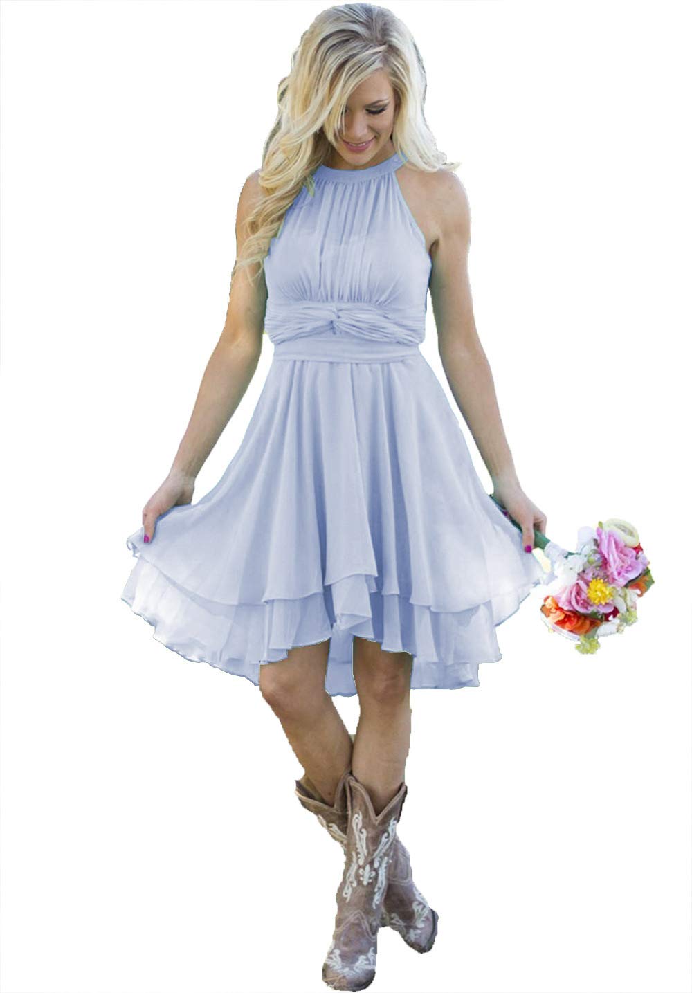 Elegant Short Halter Chiffon Bridesmaid Dress for Women - Western Wedding Guest Dress in Periwinkle Blue, Size 4 | Perfect for Summer Weddings, Bridal Showers & Formal Events