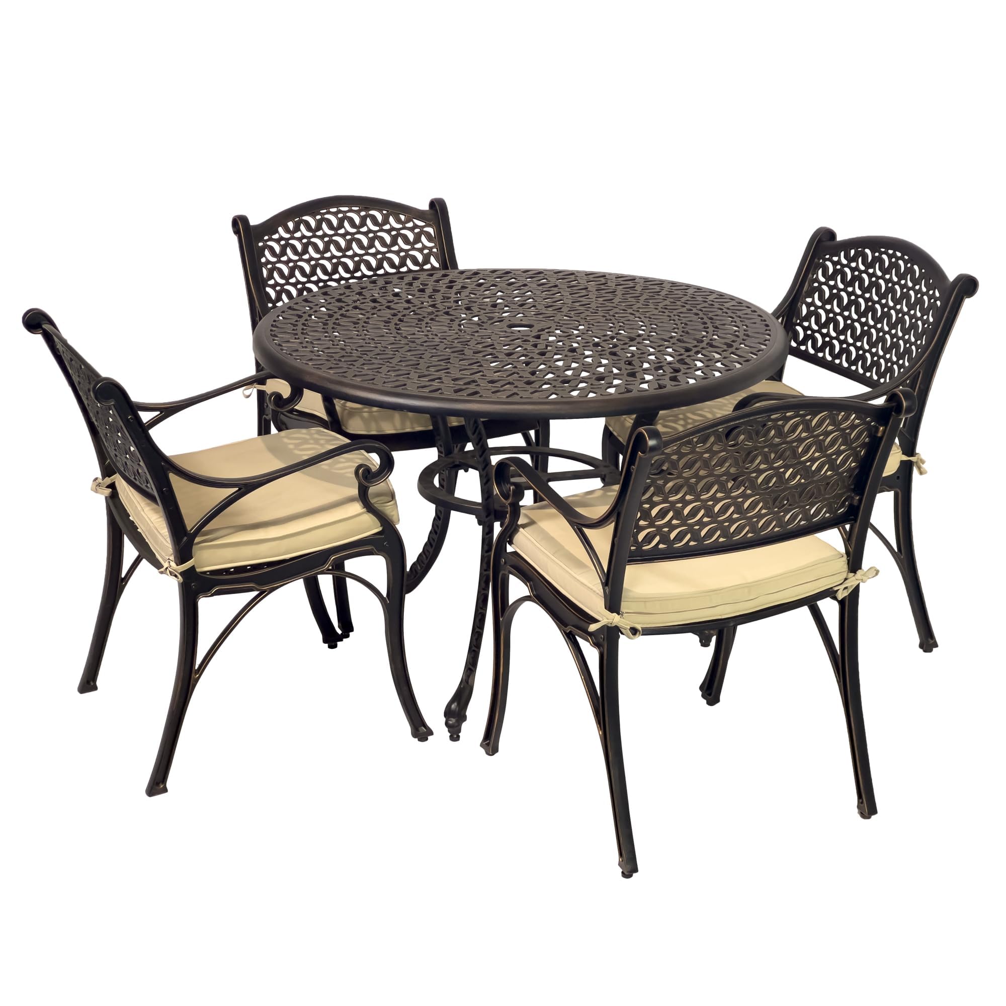 Kinger Home 5-Piece All-Weather Cast Aluminum Outdoor Dining Set - Round Patio Table & 4 Chairs with Cushions & Umbrella Hole - Perfect for Backyard, Garden, Poolside & Restaurant Outdoor Seating