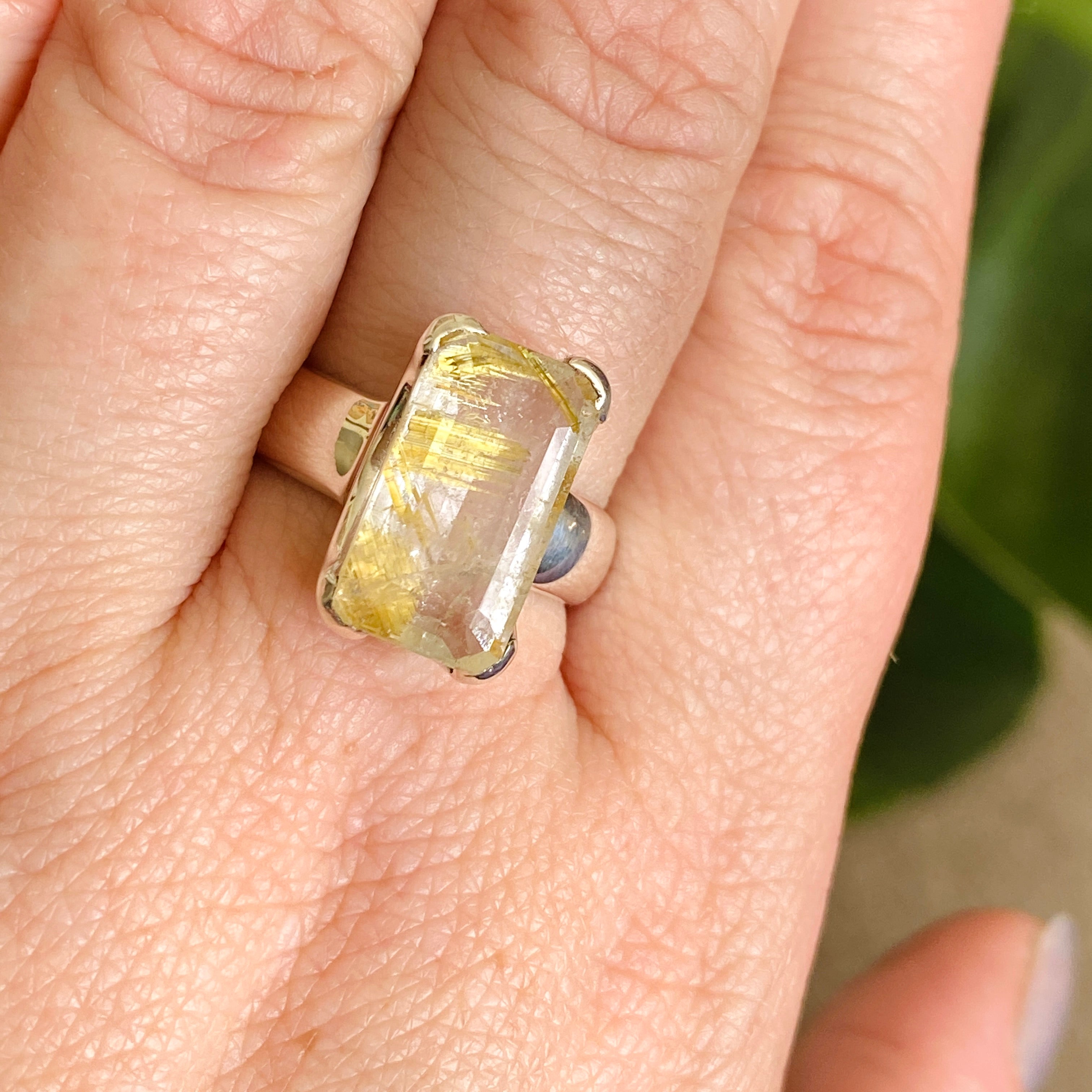 Rutilated Quartz Faceted Rectangular Ring Size 8 - Elegant Gold Jewelry for Women, Perfect for Weddings & Special Occasions