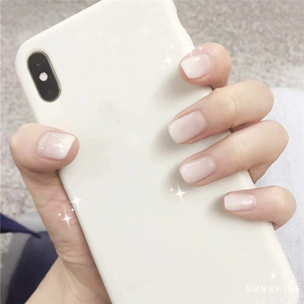 24Pcs French Ombre False Nails - Glossy Gradient Short Square Fake Nails with Glue & Salon Clip - Full Cover Acrylic Nails for Women & Girls (White) - Perfect for Parties, Weddings & Daily Wear