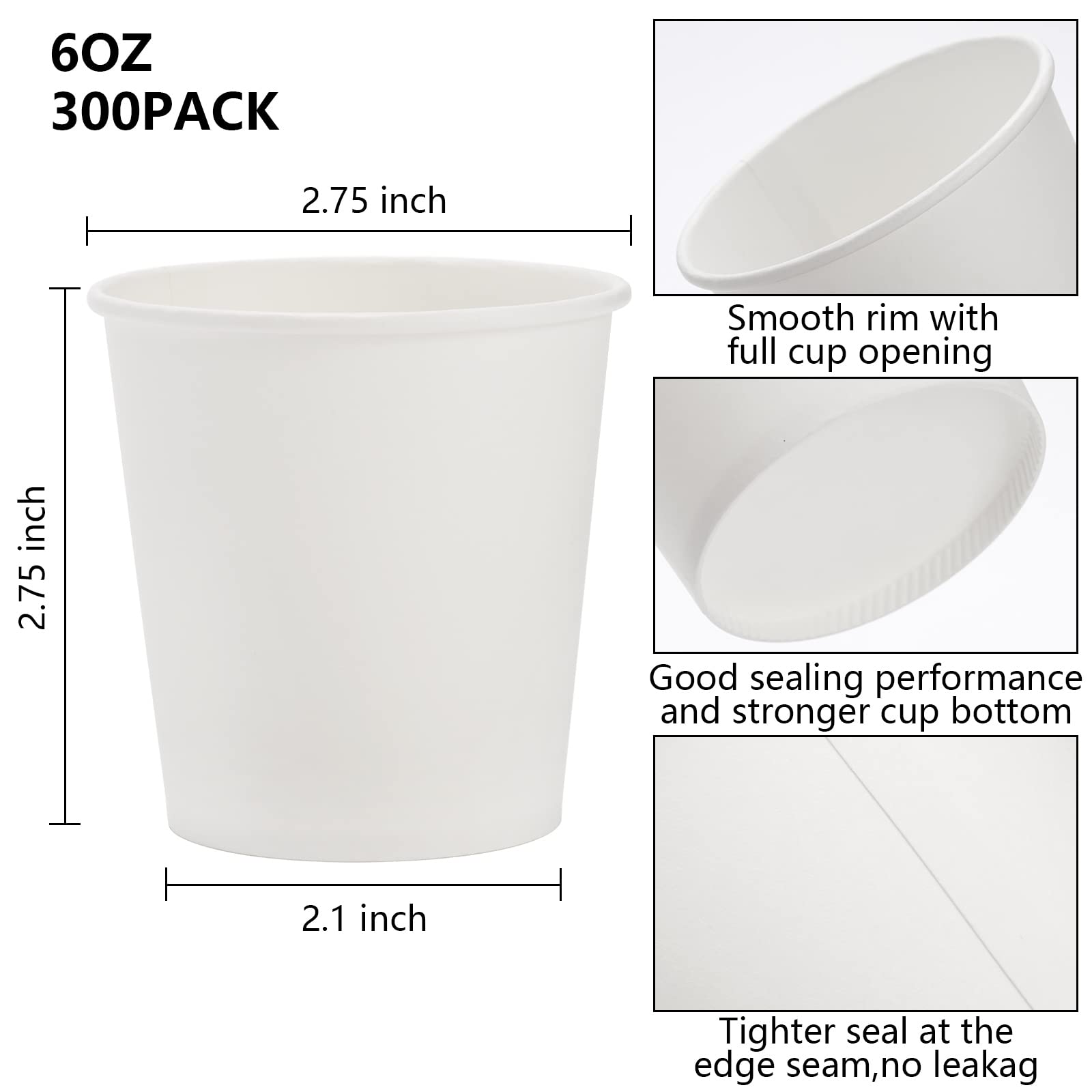 Tebery 300 Pack 6oz Disposable White Paper Coffee Cups - Bulk Hot/Cold Drink Cups for Water, Juice, Tea, Coffee - Perfect for Office, Cafes, Parties & Events