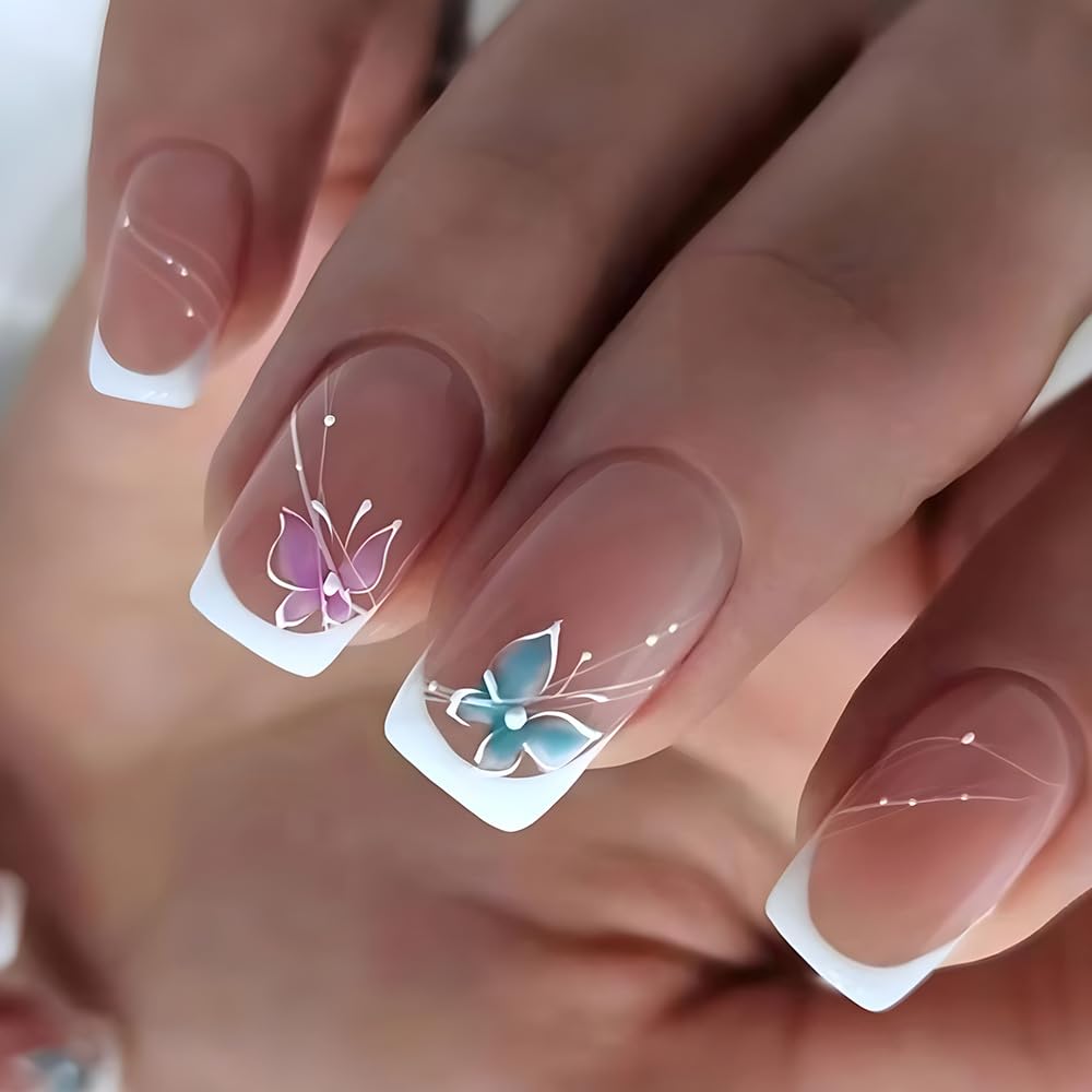 French Tip Press on Nails - Medium Length Square Fake Nails with Pink & Blue Butterfly Design, White Tip Acrylic Artificial Nails - Glossy Stick on Nails for Women, Cute & Elegant Manicure for Parties, Weddings, Date Nights & Daily Wear
