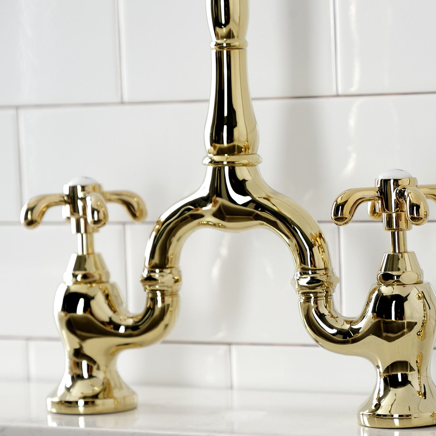 French Country Two-Handle 3-Hole Deck Mount Bridge Kitchen Faucet with Brass Side Sprayer - Perfect for Farmhouse, Cottage & Vintage Style Kitchens (Ideal for Washing Dishes, Filling Pots & Cleaning Countertops)