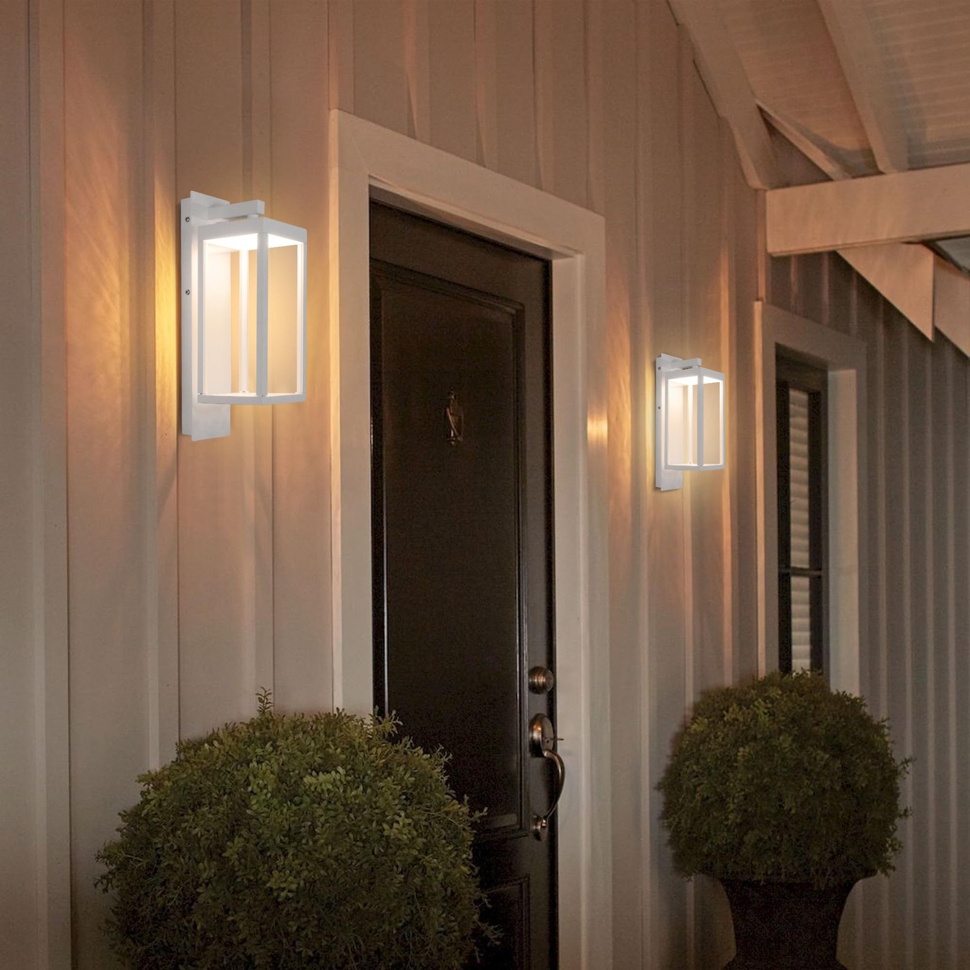 2 Pack White LED Dusk to Dawn Outdoor Wall Lights with Photocell Sensor - IP54 Waterproof Modern Exterior Light Fixture for House, Garage, Patio, Garden & Entryway - 3000K Warm White, 14 Inch Glass Shade - Perfect for Home Security, Pathway Lighting & Landscape Illumination
