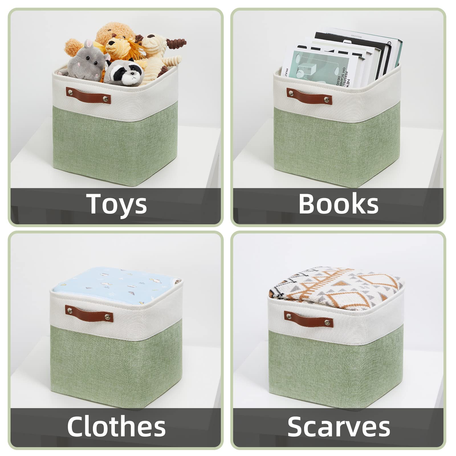 HNZIGE 11x11 Inch Fabric Cube Storage Bins - Set of 4 Foldable Organizer Baskets with Handles for Shelves, Closet, Nursery & Bedroom - Perfect for Home Organization, Toys & Clothes Storage (Green & White)
