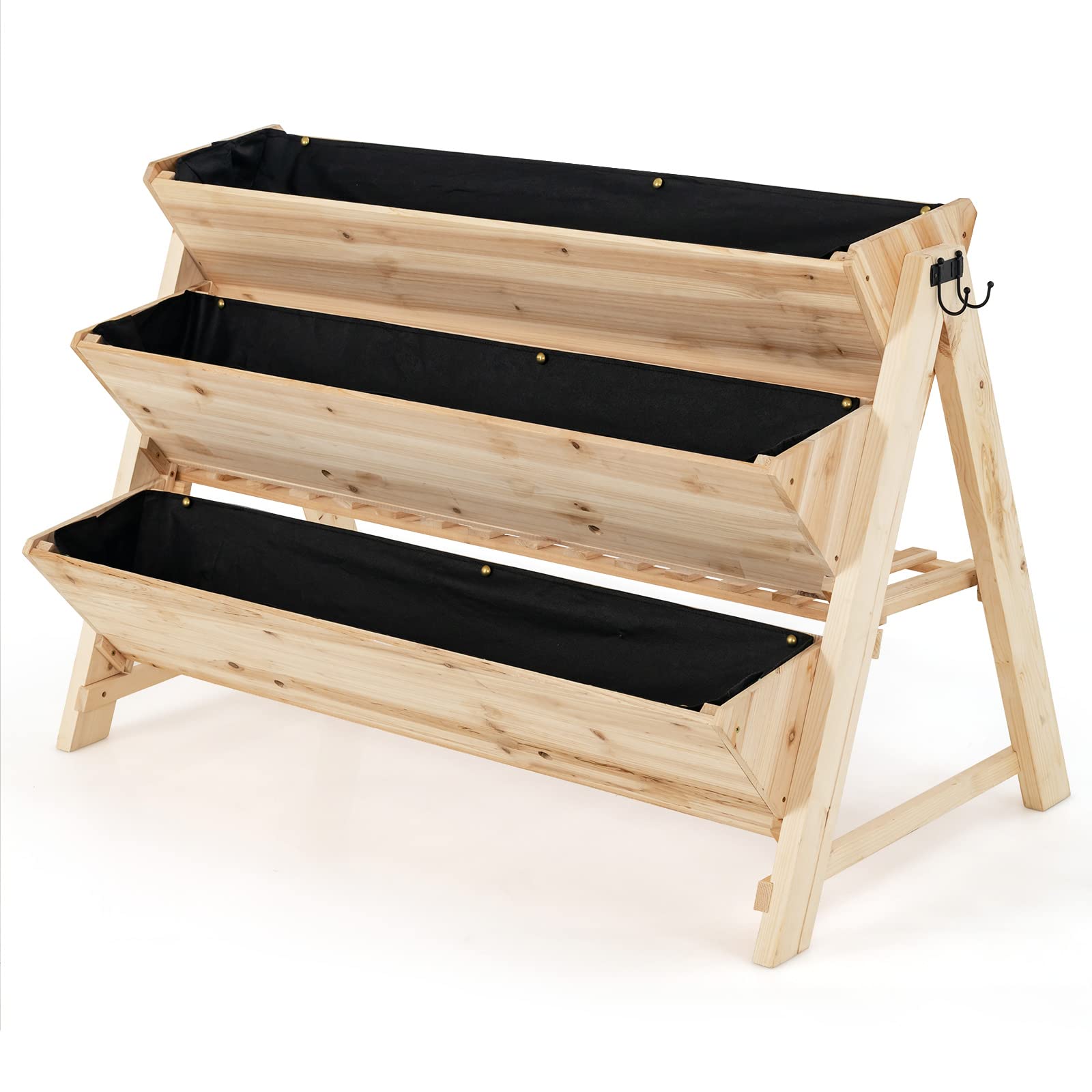 Giantex 3-Tier Raised Garden Bed with Storage Shelf & Side Hooks - Vertical Elevated Planter Box for Indoor & Outdoor Use - Perfect for Balcony, Garden, Lawn, Patio - Natural Wood Planter for Herbs, Flowers & Vegetables