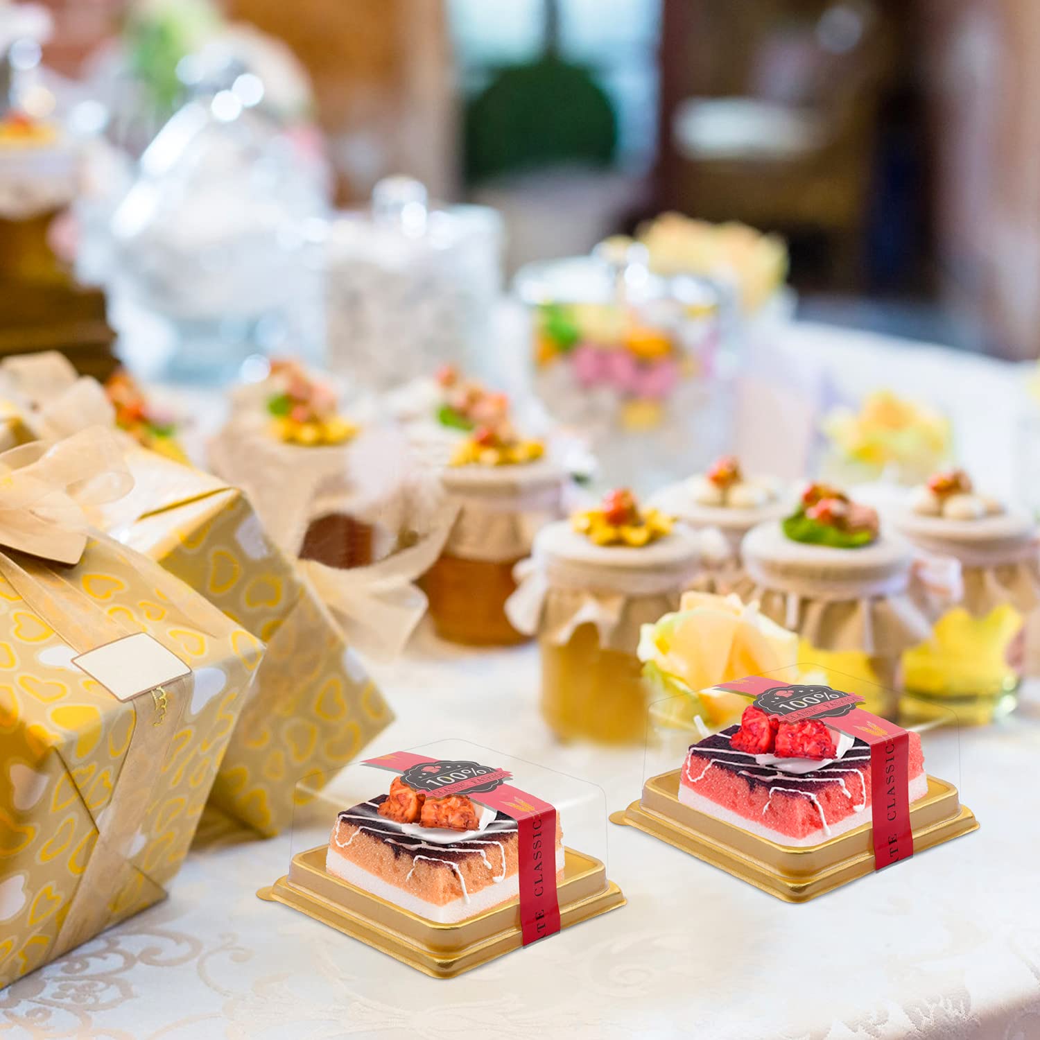 50 Pcs 3.5 Inch Clear Plastic Mini Cake Boxes - Small Cupcake & Dessert Containers for Muffins, Cookies, Mooncakes - Perfect for Weddings, Birthdays & Party Favors - Includes 50 Gold Stickers (BPA-Free Food Safe)