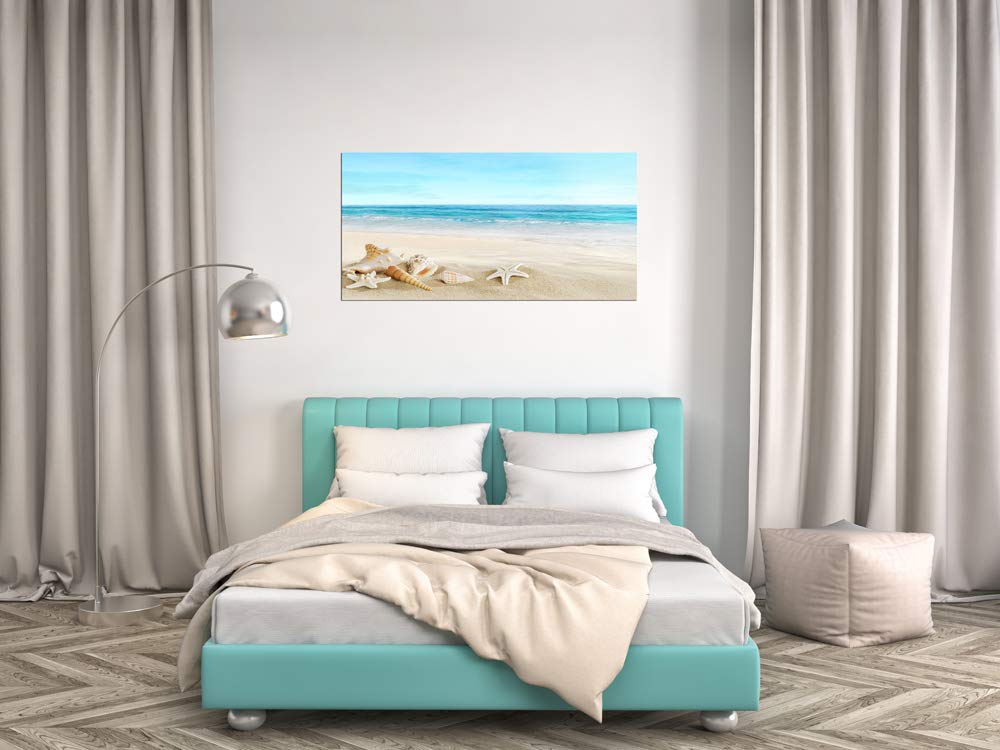 Beach Wall Art Decor - Ocean Painting Canvas Print with Starfish & Seashells on Sandy Shore | Ready to Hang Living Room, Bedroom & Office Decor | Coastal Home Decoration for Beach House & Vacation Rental