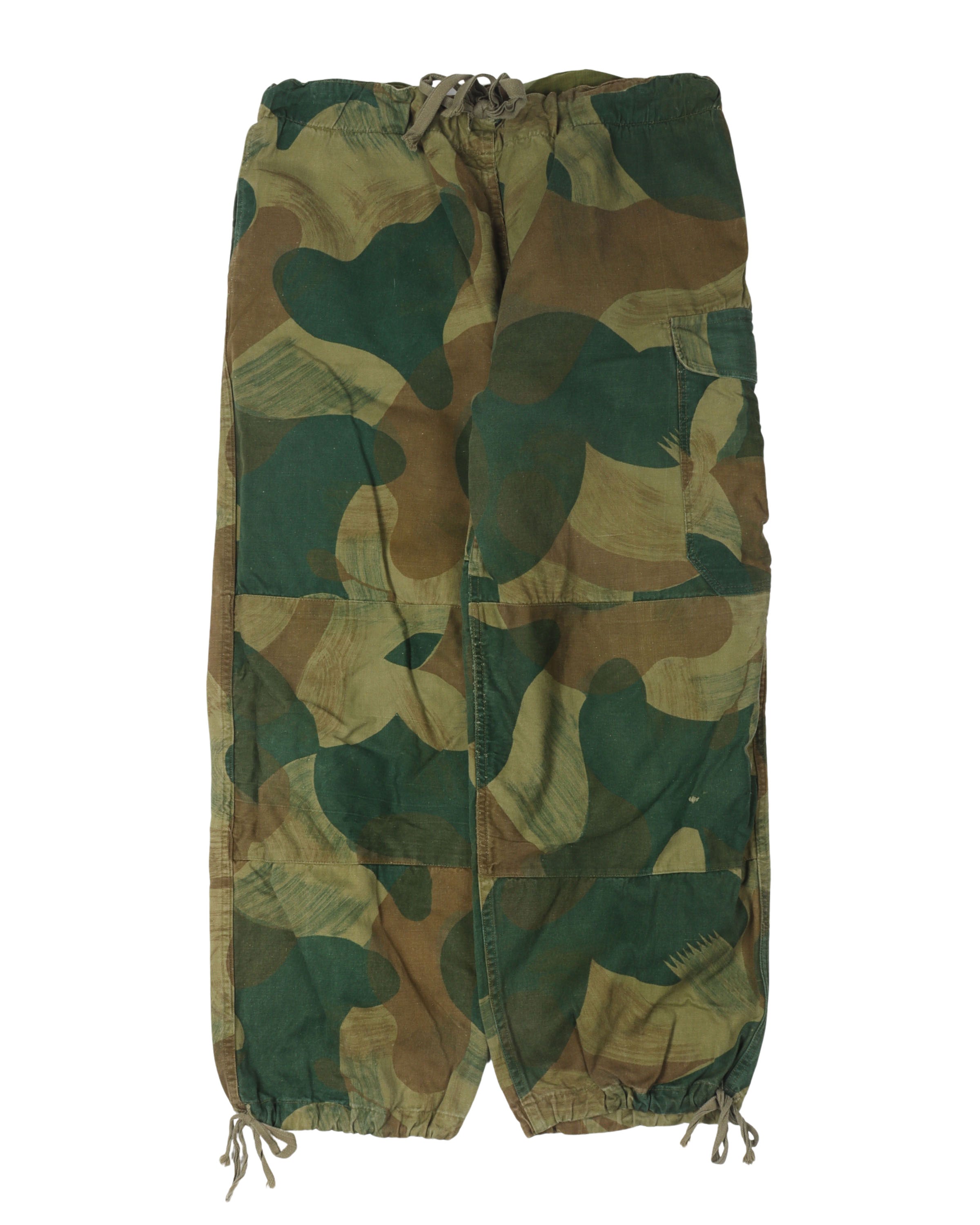 1950s Vintage Belgian Brushstroke Camo Paratrooper Pants - Military Style Drawstring Trousers for Outdoor Adventures & Airsoft Cosplay