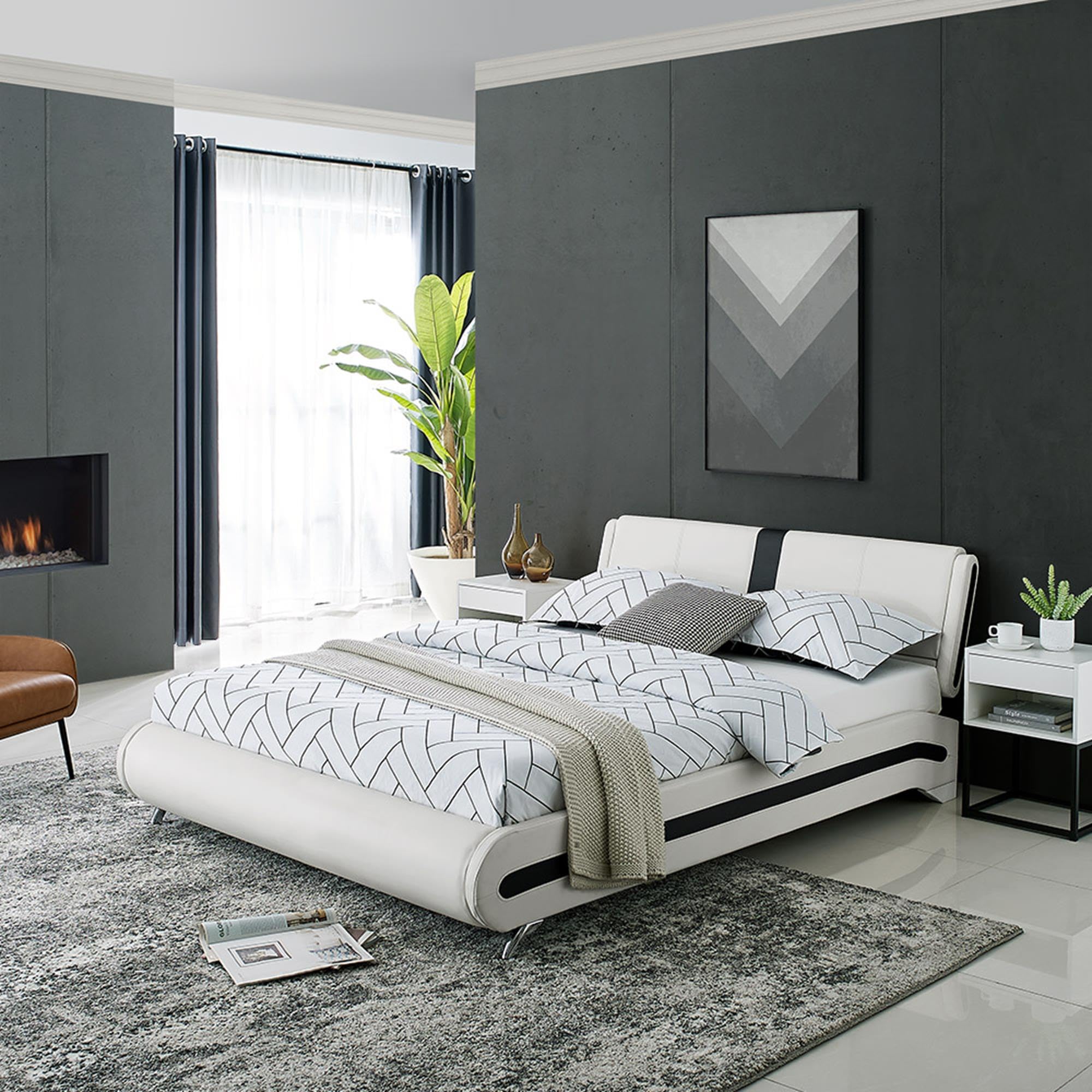 Carlton White Queen Size Platform Bed Frame with 2 Nightstands - Modern Bedroom Furniture Set for Master Bedroom or Guest Room