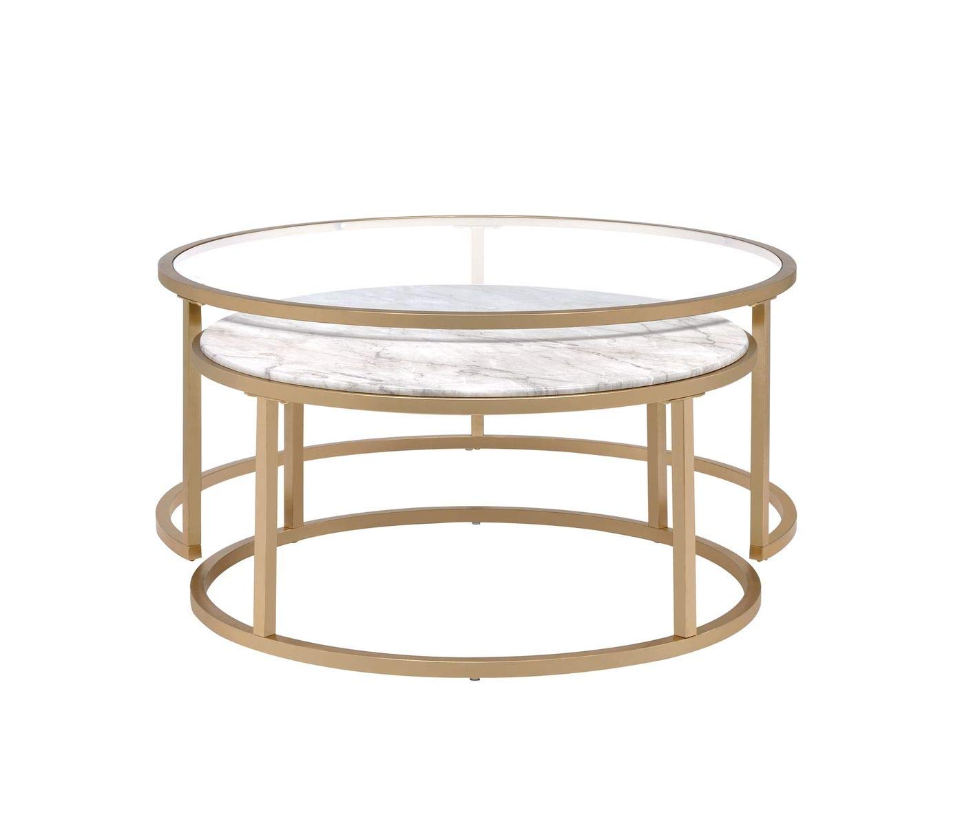 Knocbel Modern Nesting Coffee Table Set of 2 - Faux Marble & Clear Glass Top with Gold Metal Frame - Living Room Furniture for Small Spaces, Home Decor - Perfect for Apartments, Condos and Cozy Living Areas