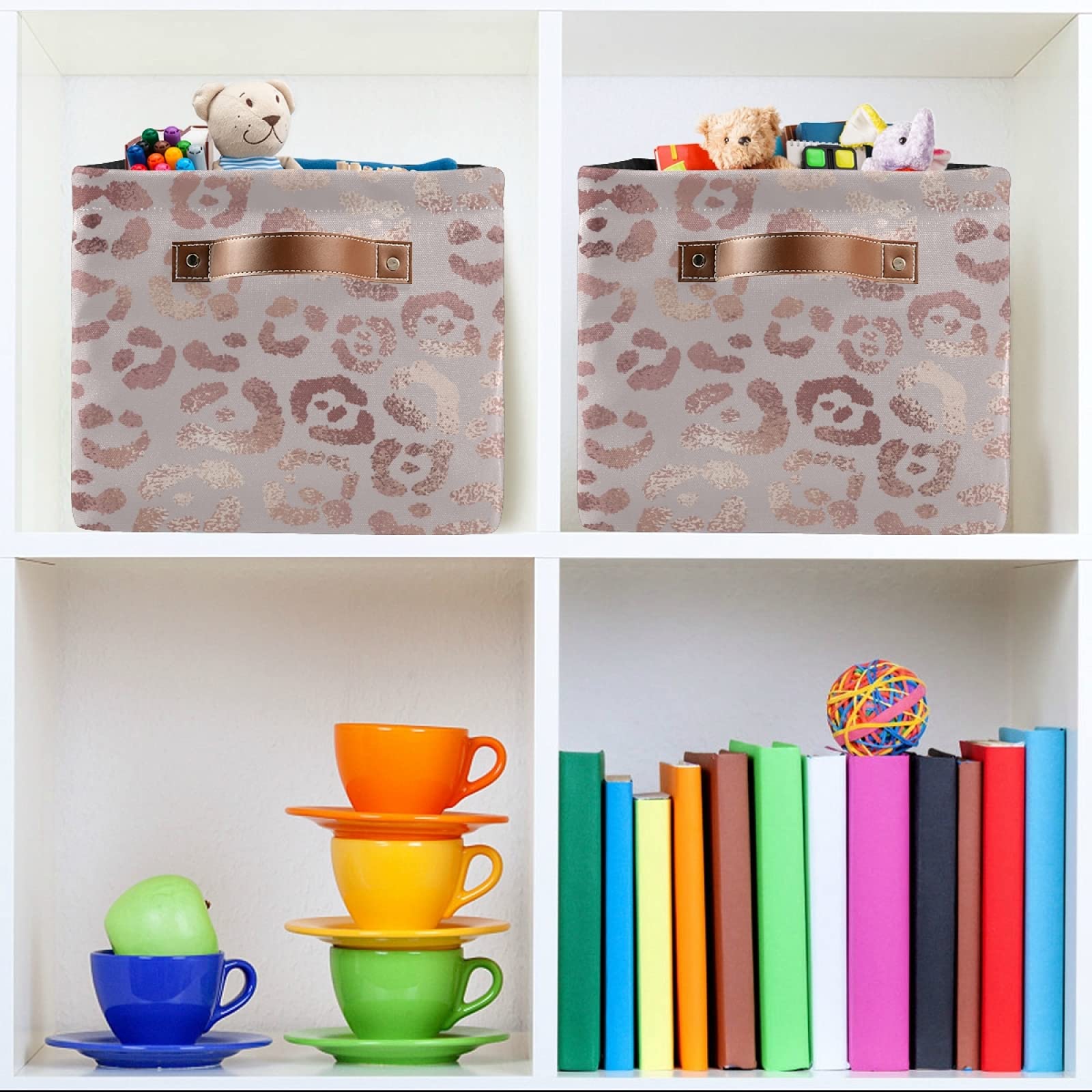 Golden Leopard Print Storage Basket Bin - Large Collapsible Canvas Cube Storage Box Organizer for Home, Office, Closet (2 Pack, 15