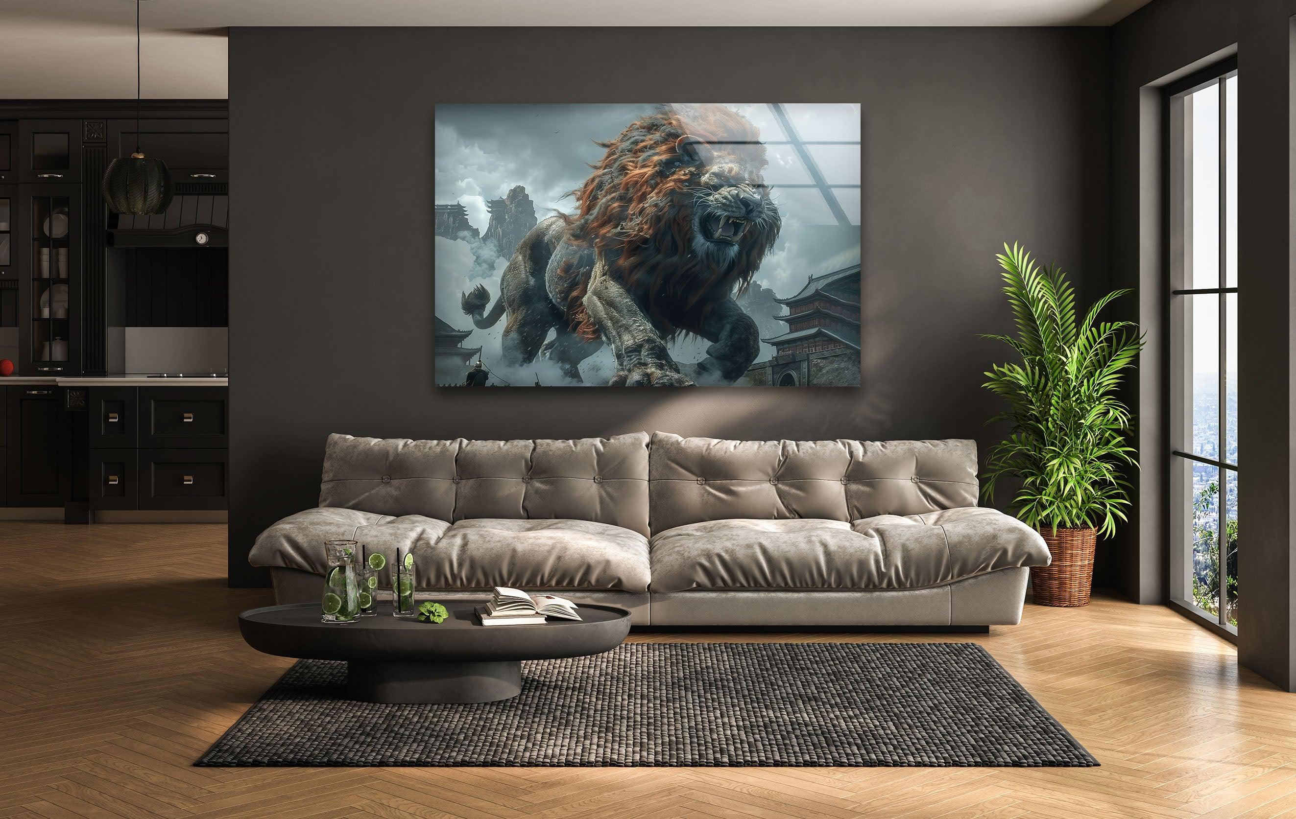 Chinese Lion Glass Wall Art - Handcrafted Feng Shui Decor for Home & Office - Perfect for Living Room, Bedroom, or Entryway Display