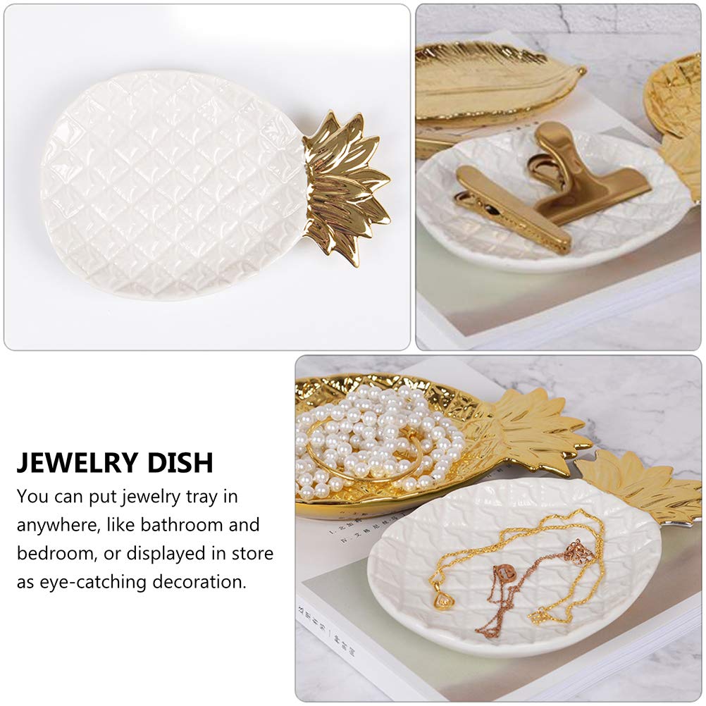PRETYZOOM Ceramic Jewelry Display Dish with Gold Trim - Pineapple Shaped Ring Holder, Mini Jewelry Organizer Plate for Travel, White Ceramic Tray for Rings, Earrings & Small Accessories - Perfect for Vanity, Bathroom Counter, Dresser Top & Gift Giving